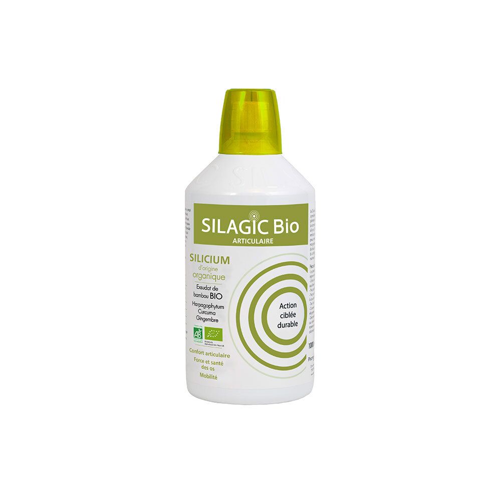 Bouteille blanche avec étiquette verte : SILAGIC Bio Silicium Articulaire.