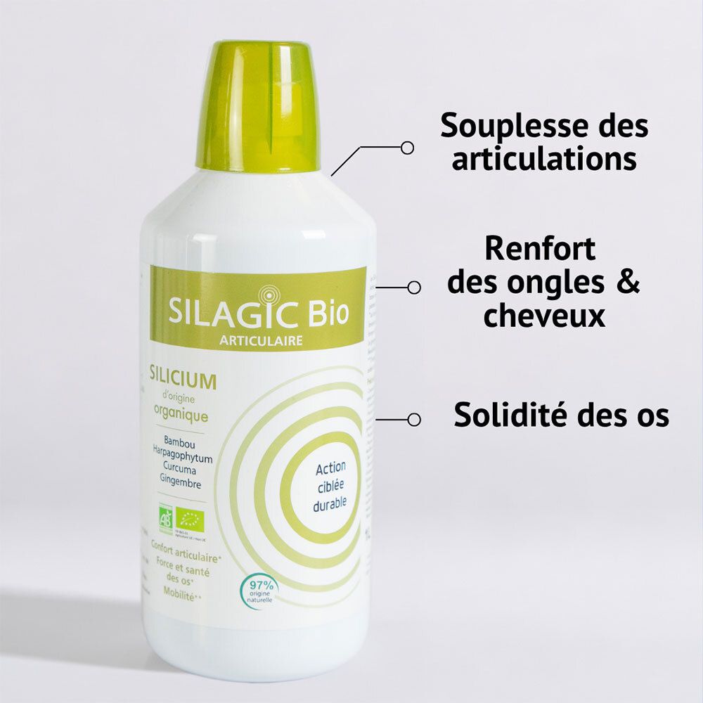Bouteille SILAGIC Bio Silicium Articulaire avec indications sur les articulations, ongles et os.