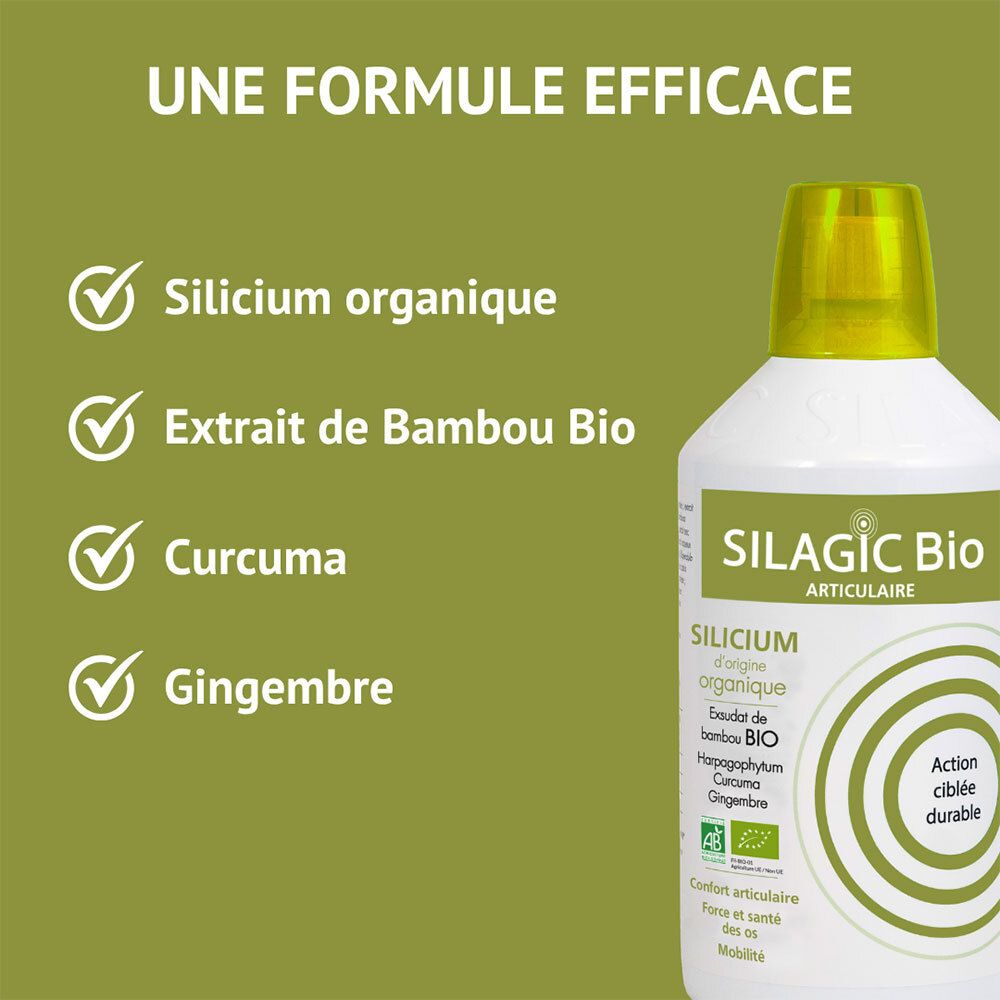 Bouteille SILAGIC Bio Silicium Articulaire avec liste des ingrédients : Silicium, Bambou, Curcuma, Gingembre.
