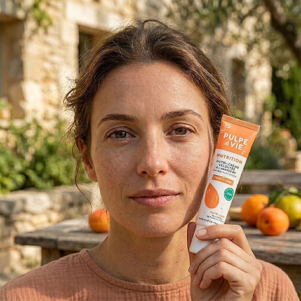 Femme tenant un tube de crème. Inscription PULPE de VIE. Arrière-plan : fruits et maisons en pierre.