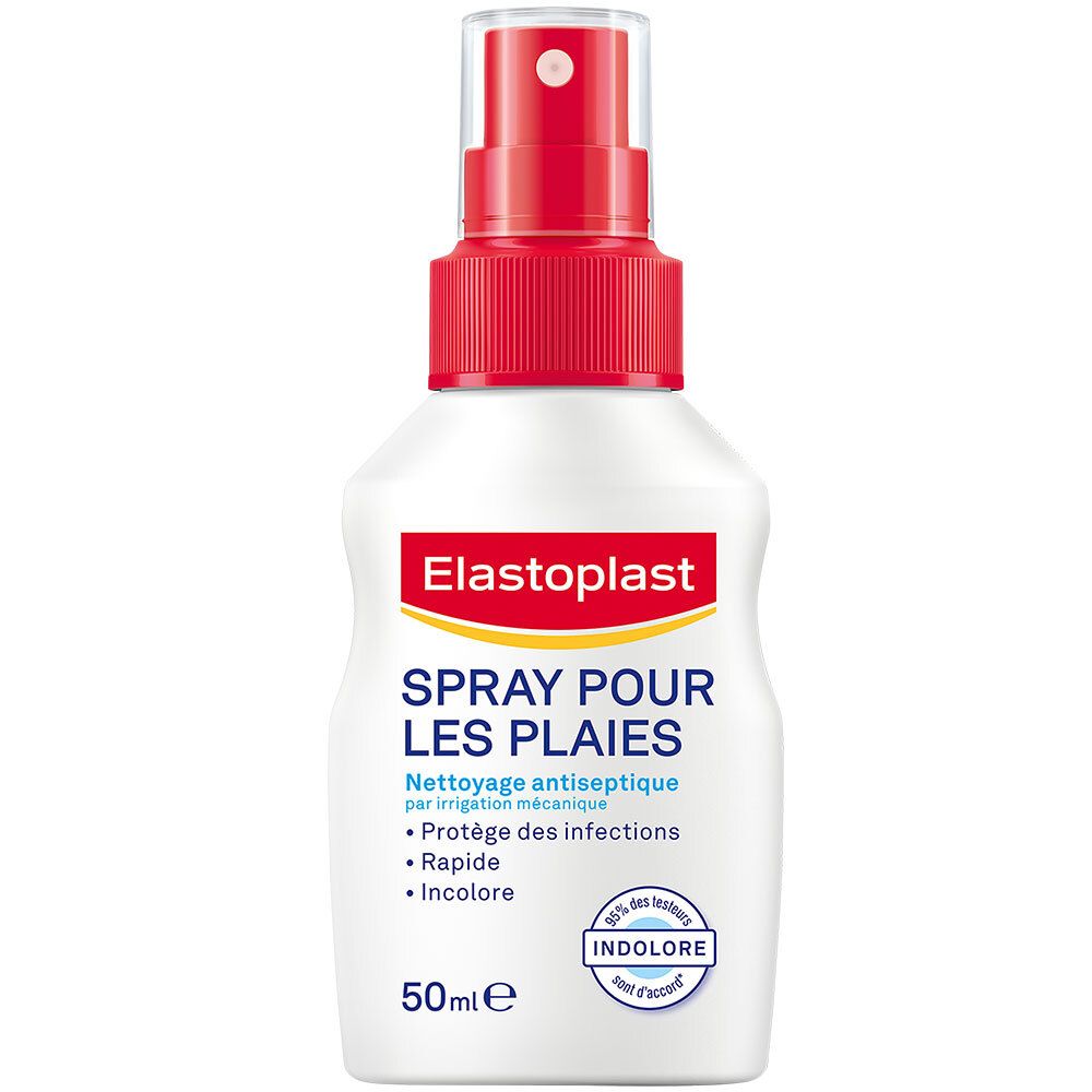 Flacon blanc Elastoplast Spray pour les Plaies avec bouchon rouge. Texte: Nettoyage antiseptique, protège des infections, rapide, indolore.