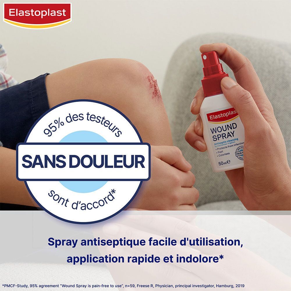 Personne vaporisant du spray sur une plaie au genou. Texte: 95% des testeurs sont d'accord, sans douleur, application rapide.