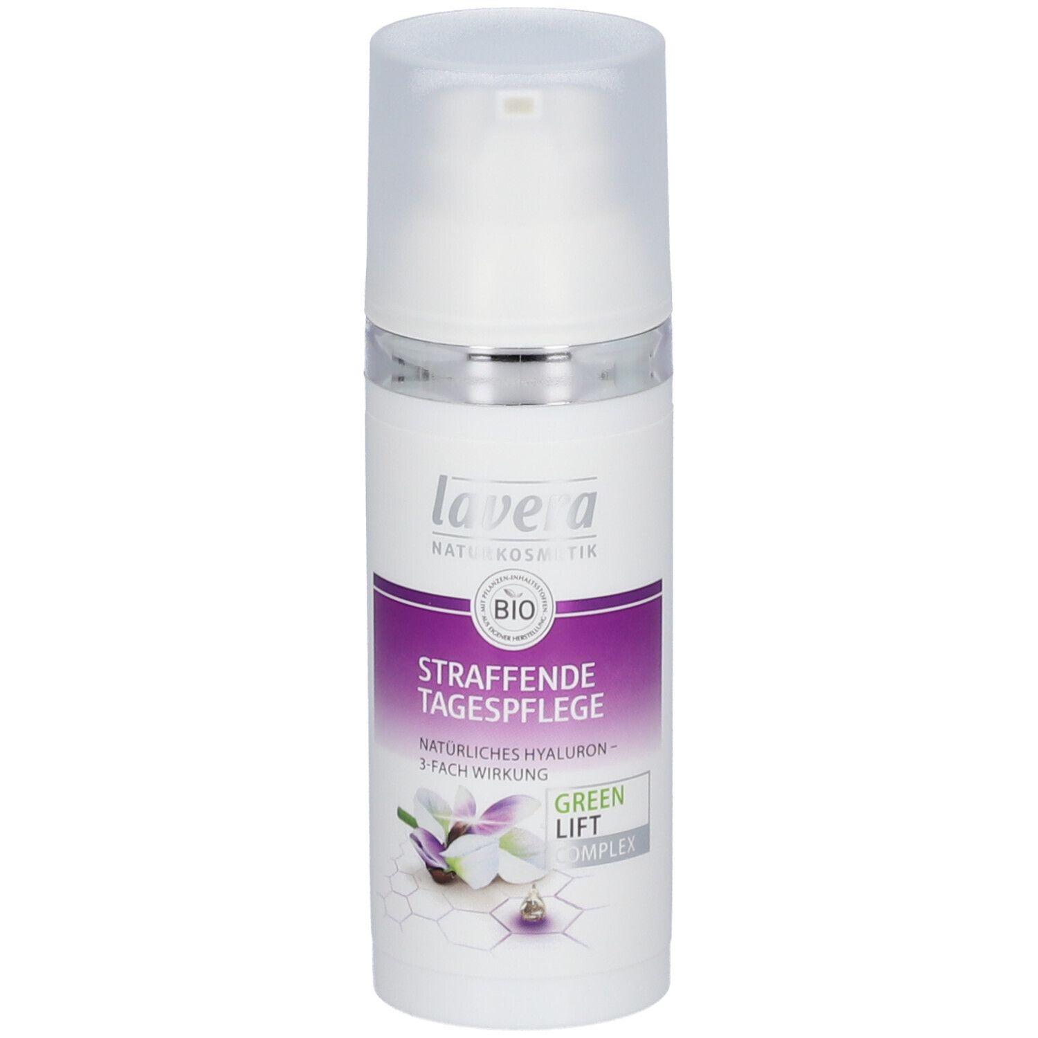 Flacon blanc avec pompe. Inscription : lavera, BIO, Straffende Tagespflege, Green Lift Complex.