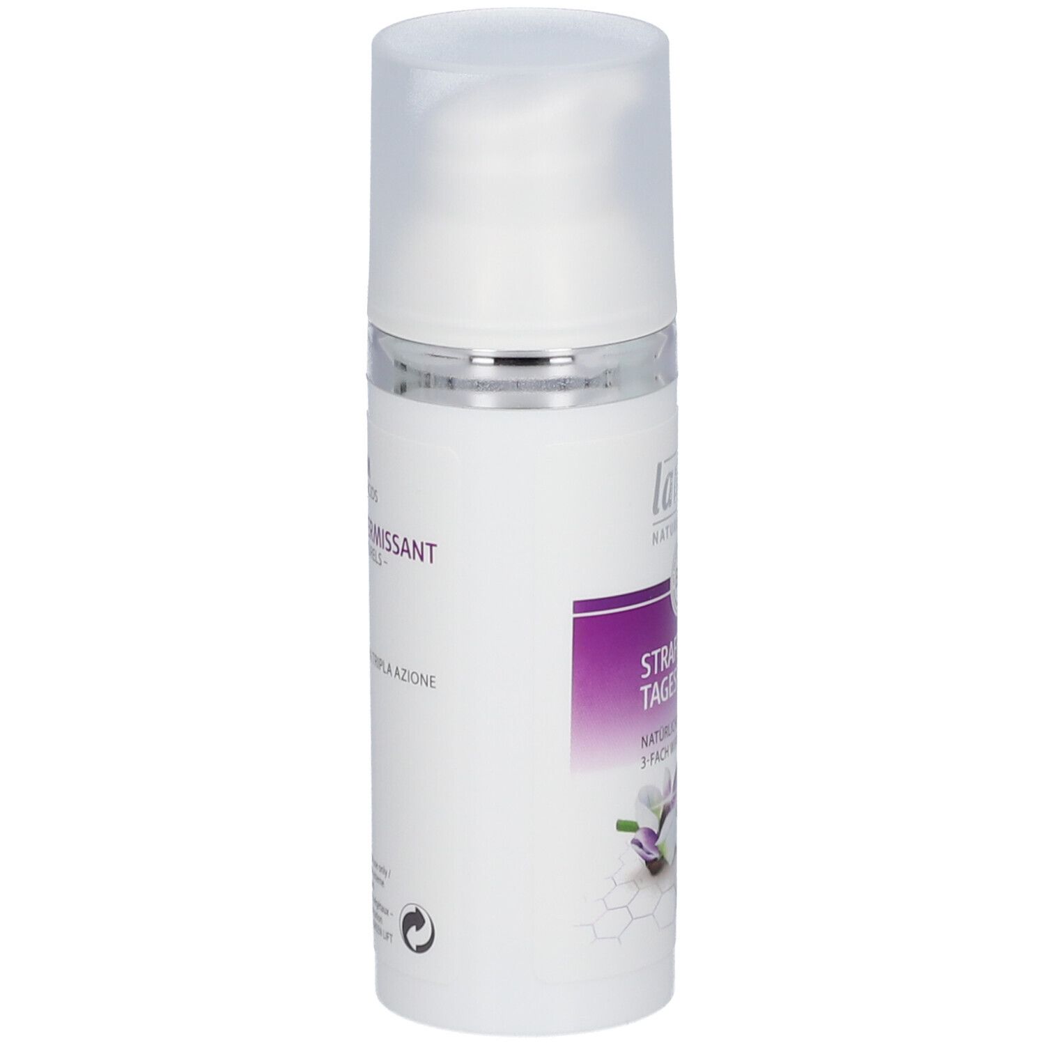 Flacon blanc avec pompe. Inscription : lavera, Straffende Tagespflege, Naturkosmetik, BIO.