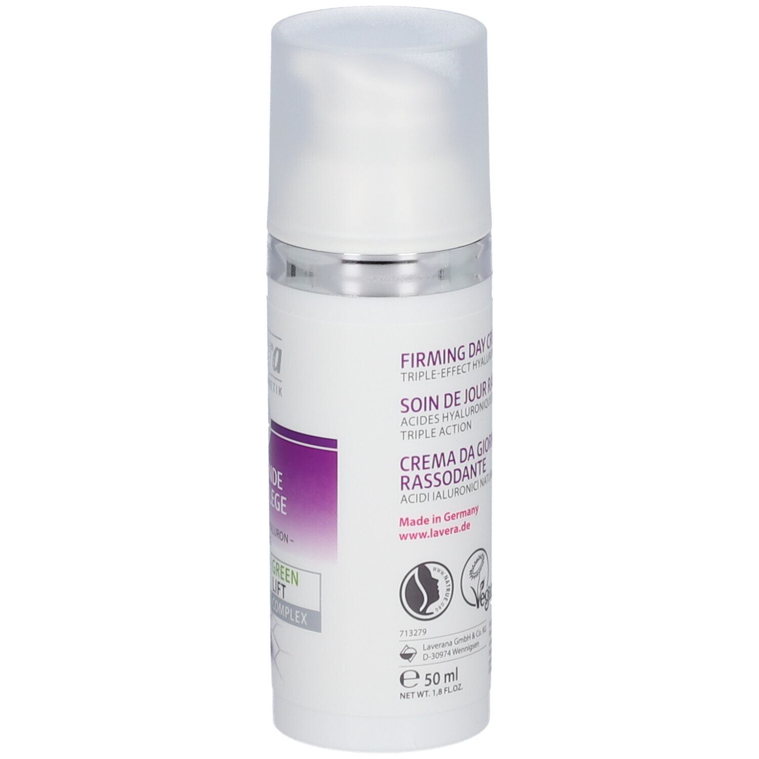 Flacon blanc avec pompe. Inscription : Firming Day Cream, Crème de jour raffermissante, Vegan.