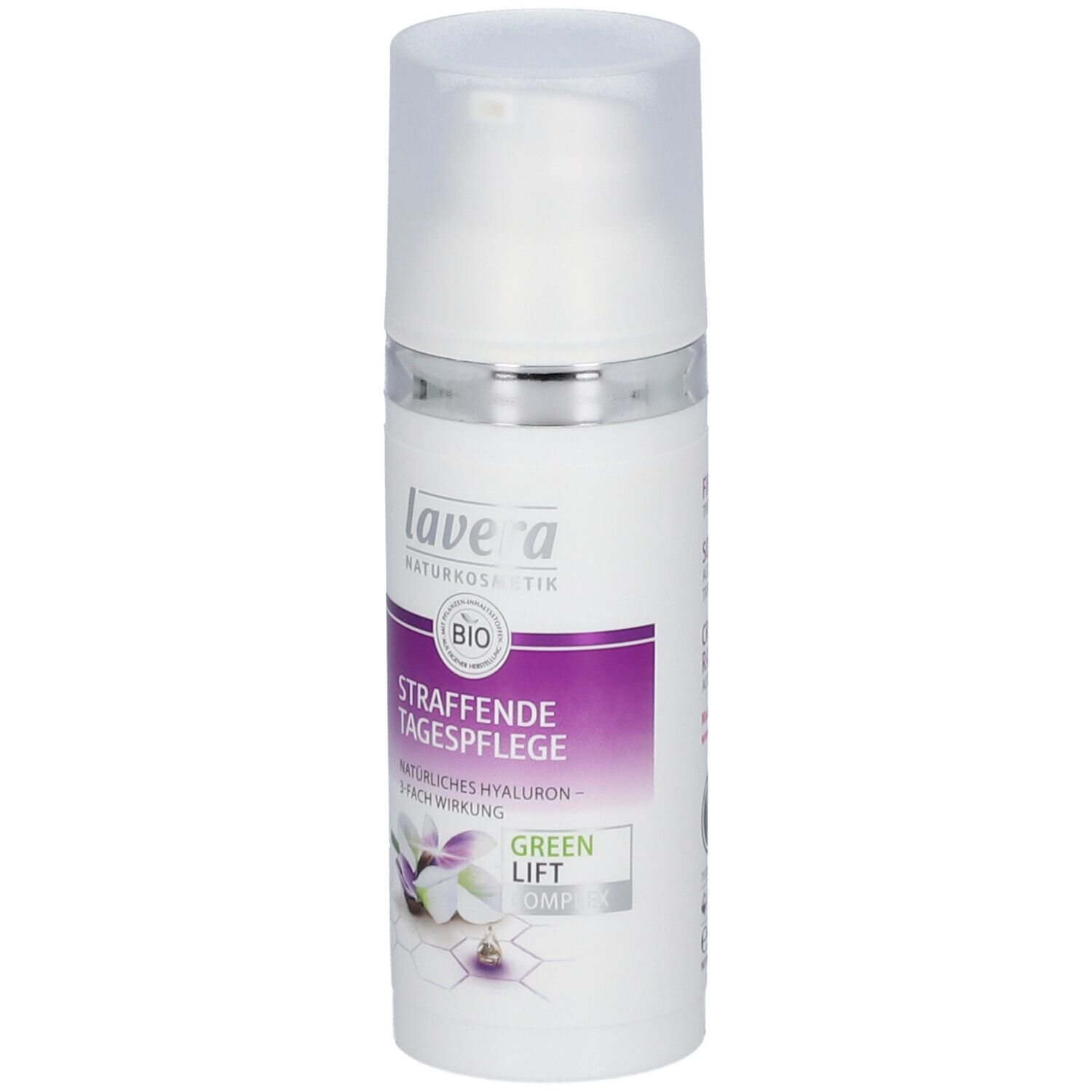Flacon blanc avec pompe. Inscription : lavera, BIO, Straffende Tagespflege, Green Lift Complex.