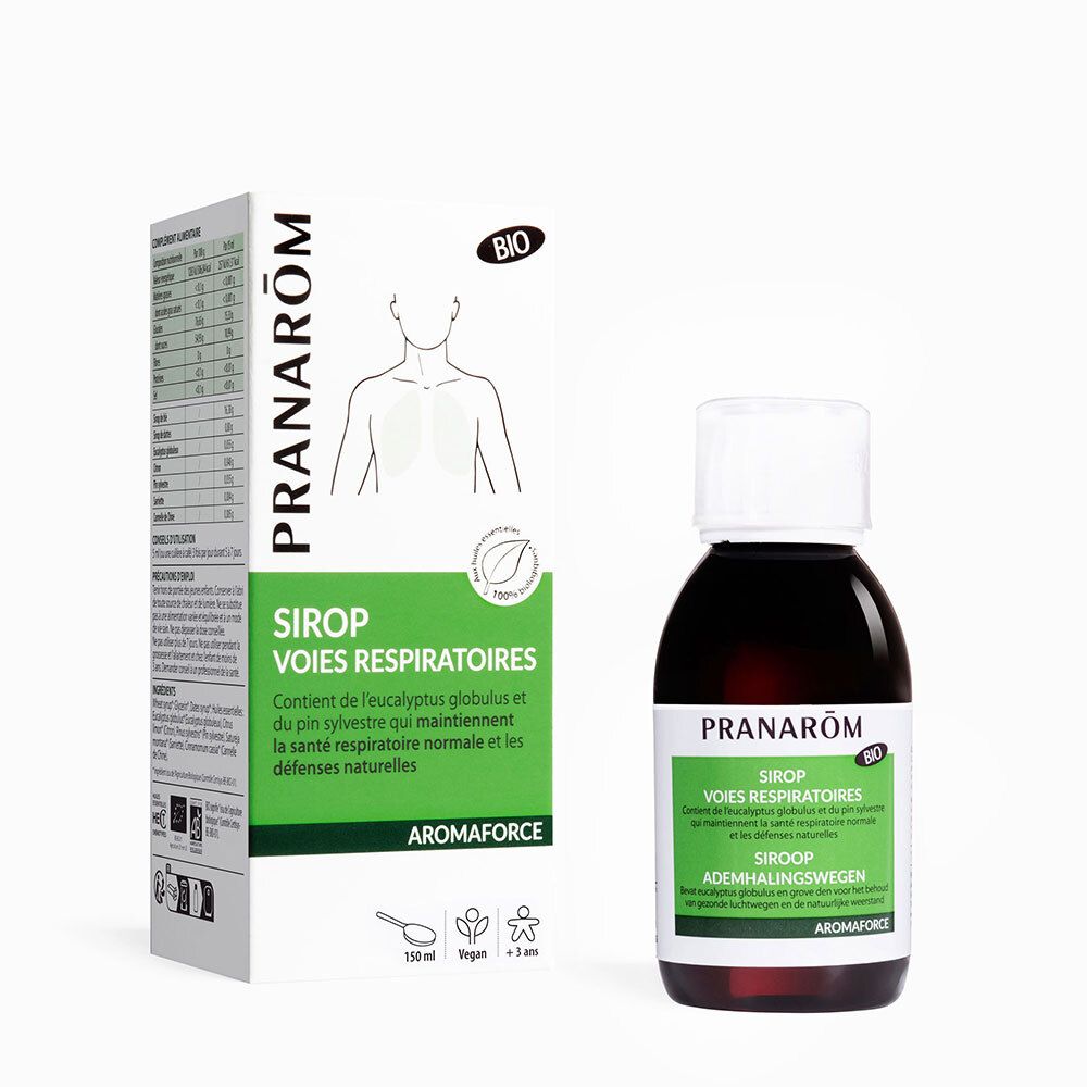 Flacon et boîte. Inscription: Pranarôm, Sirop Voies respiratoires. Contient un logo Bio et Vegan. 150 ml.