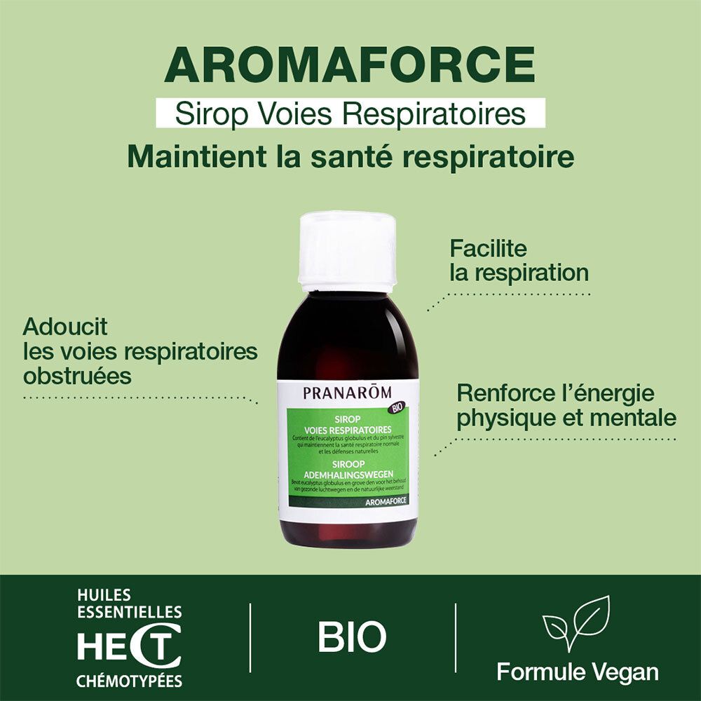 Fond vert avec flacon de produit. Texte: AROMAFORCE, Sirop Voies respiratoires. Maintient la santé respiratoire.
