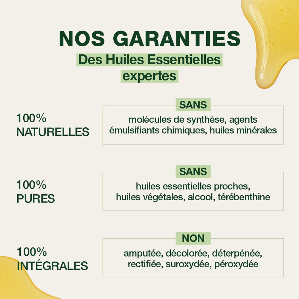 Texte sur fond vert. Garanties: 100% naturelles, pures et intégrales. Sans molécules synthétiques, etc.