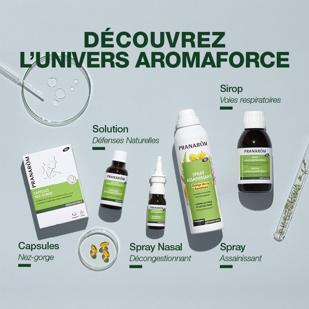 Différents produits de la marque Pranarôm. Capsules, spray nasal, spray, sirop, solution.