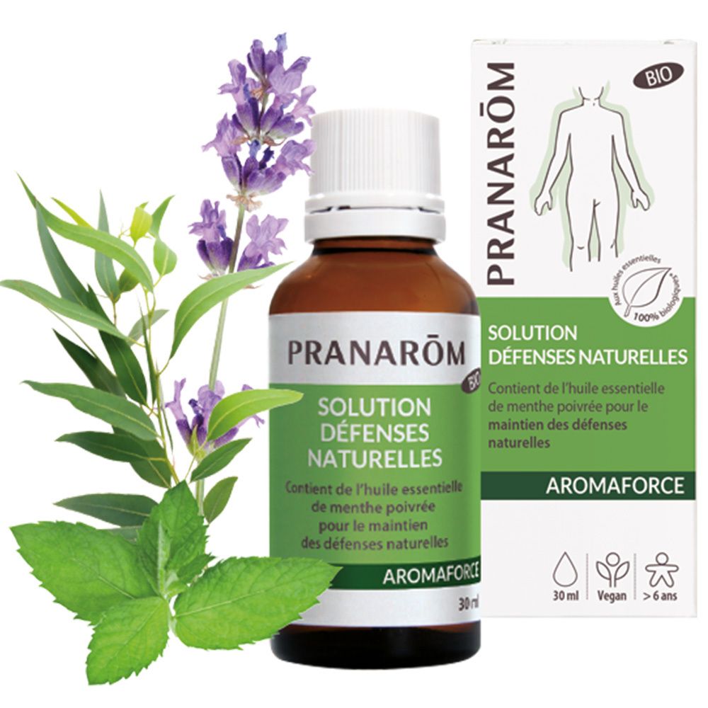Flacon en verre brun avec bouchon blanc et étiquette verte. Lavande et menthe à côté. Inscription : Pranarôm, Aromaforce.
