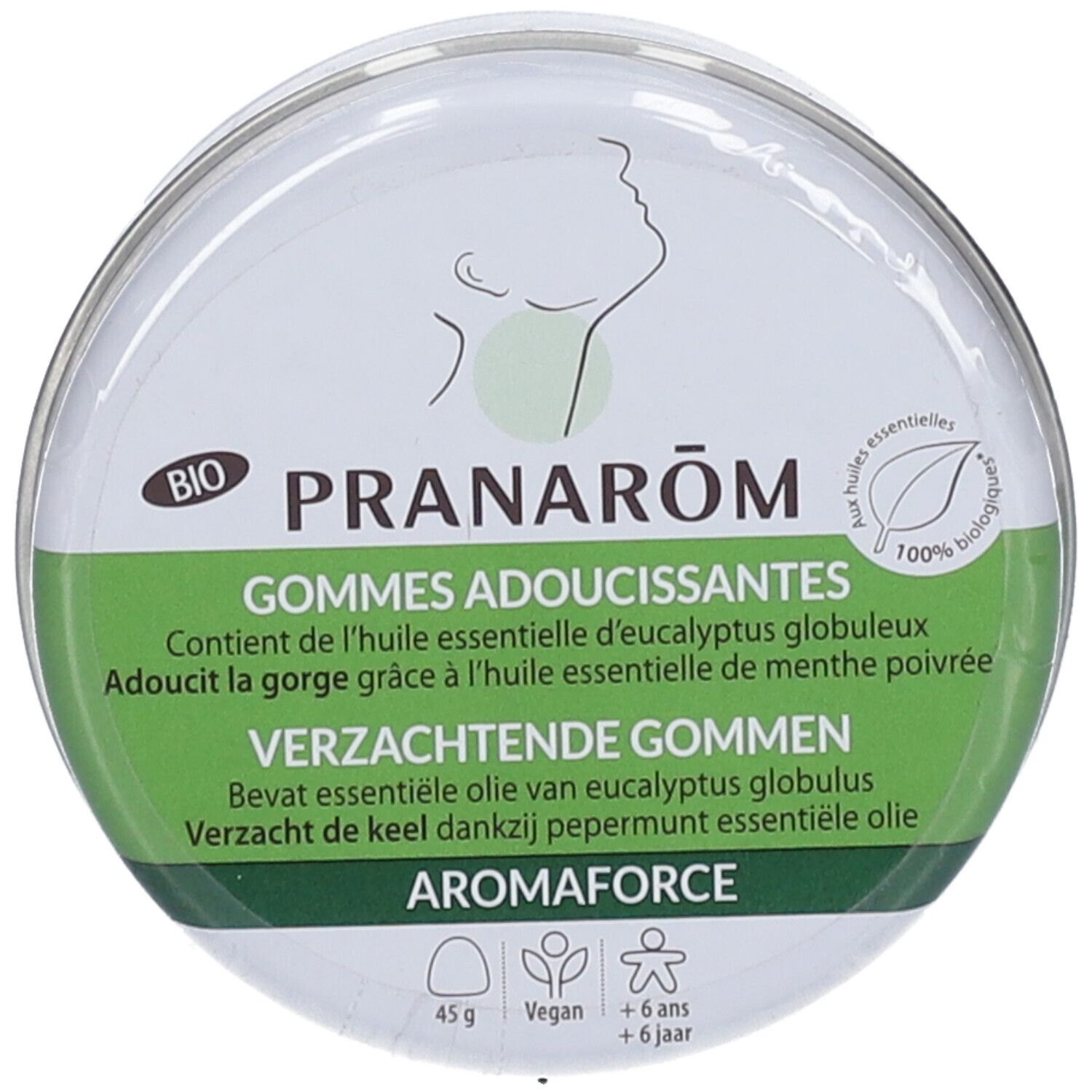 Boîte ronde, couvercle blanc. Inscription verte et blanche : Pranarôm, Gommes Adoucissantes, Aromaforce. Label Bio, 45g, symbole vegan.