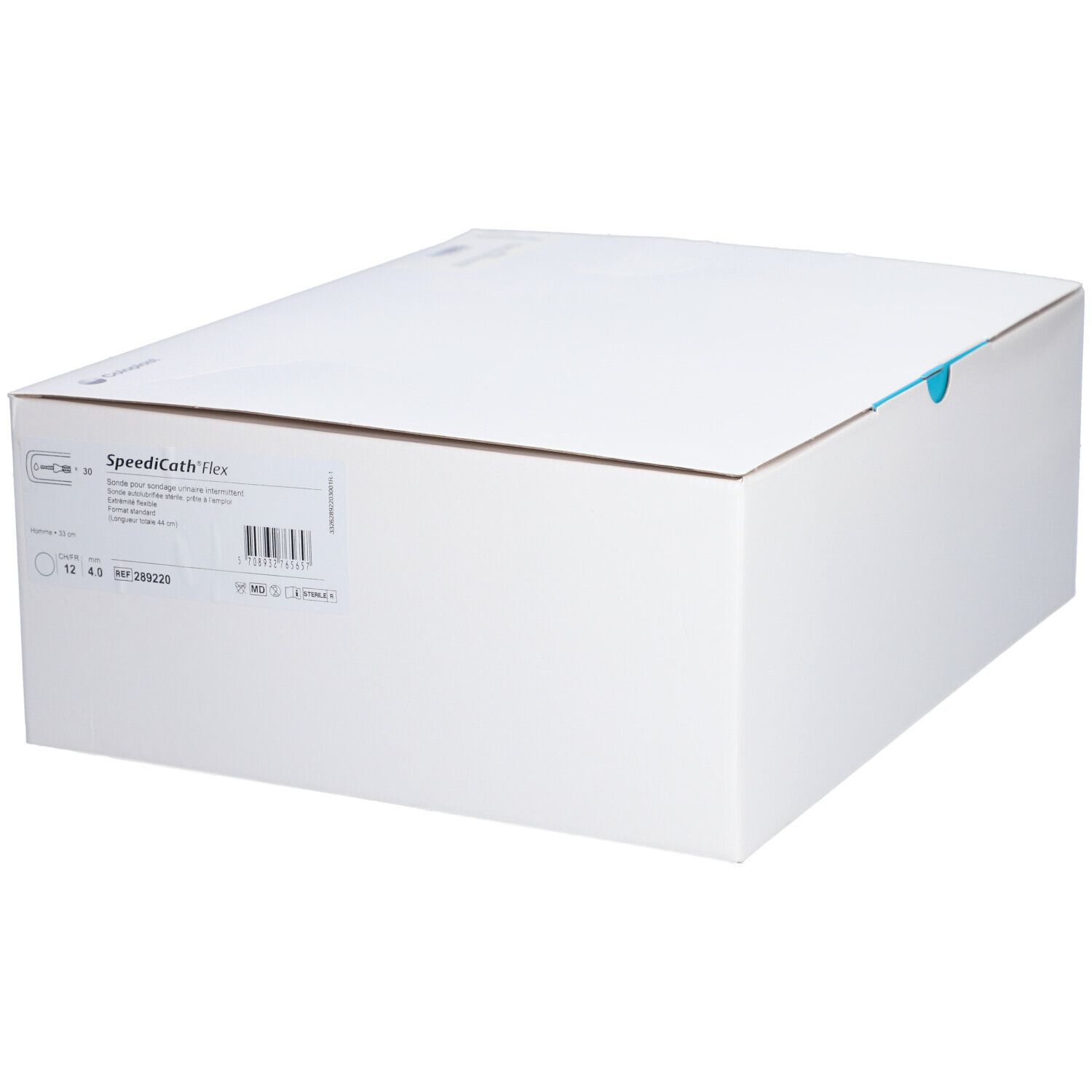 Boîte blanche avec informations produit et logo SpeediCath Flex. Languette bleue pour l'ouverture.