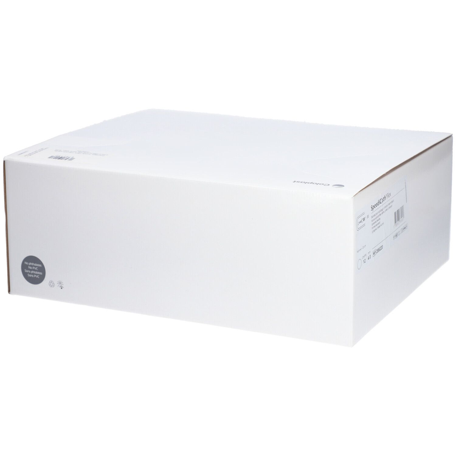 Boîte blanche avec informations produit. Symbole rond sur le côté gauche.