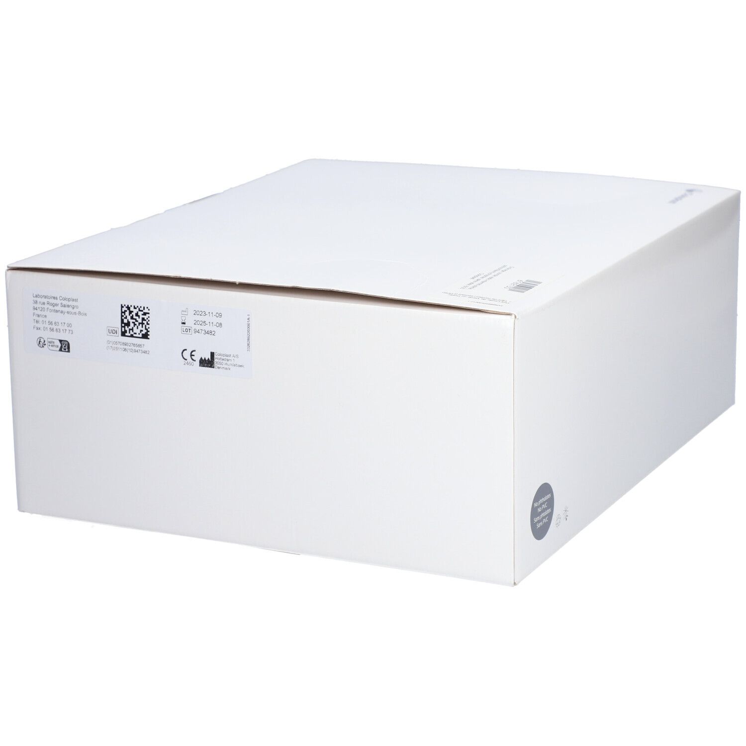 Boîte blanche avec informations produit, code QR et marquage CE.