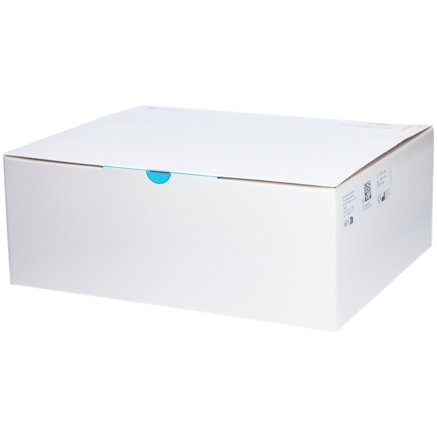 Boîte blanche avec languette bleue. Informations produit sur le côté.