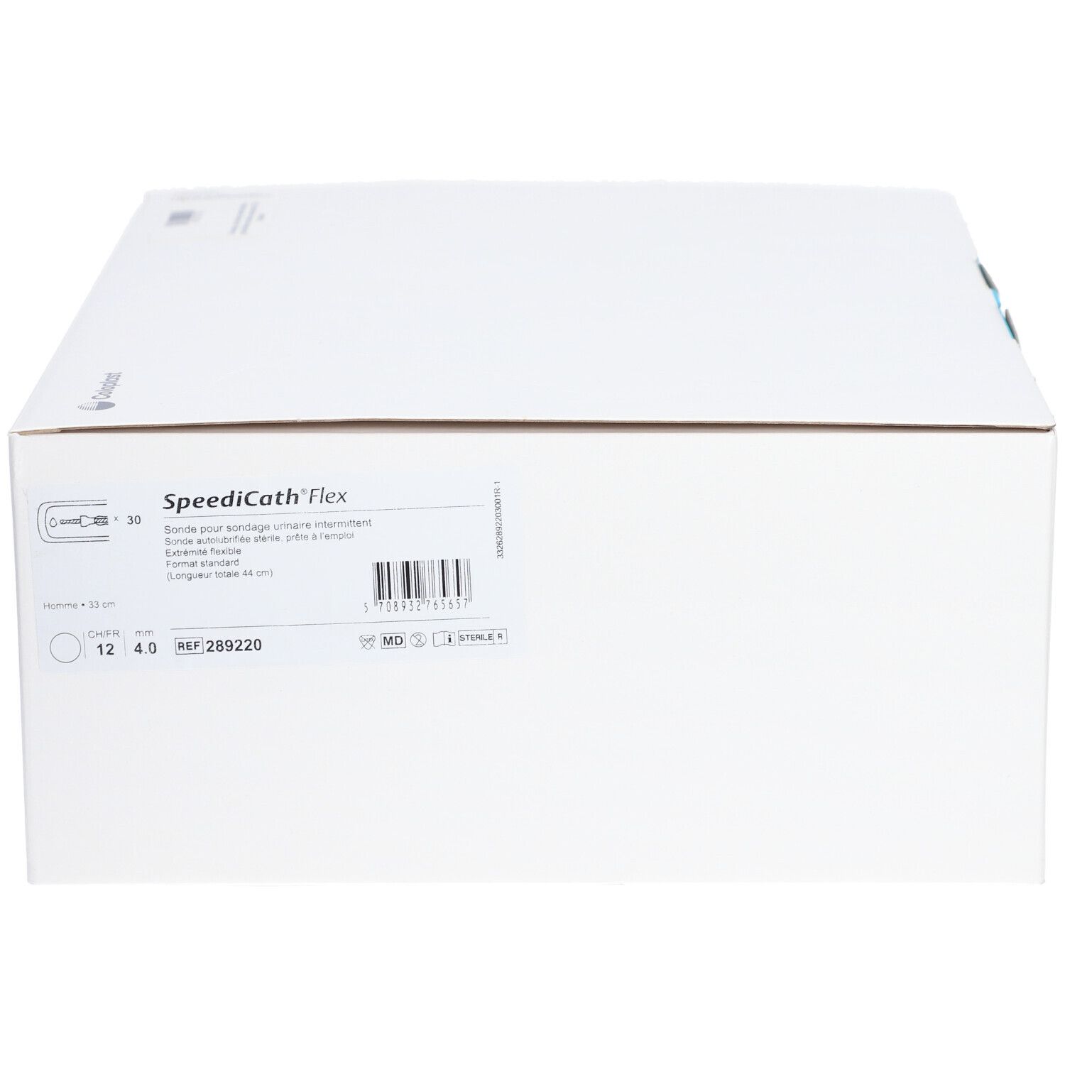Boîte blanche avec informations produit et code-barres. Nom du produit: SpeediCath Flex.