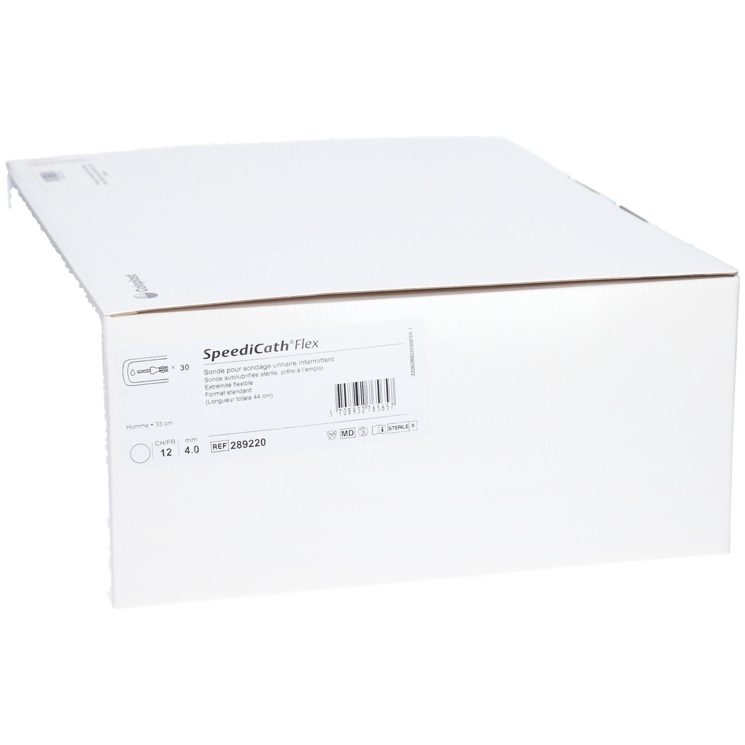 Boîte blanche avec informations produit et code-barres. Nom du produit: SpeediCath Flex.
