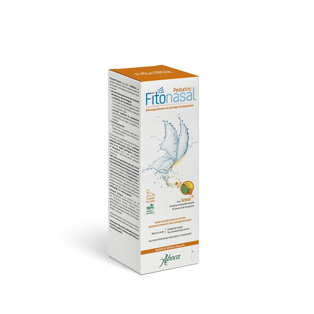 Boîte de spray nasal Aboca Fitonasal Pediatric. Boîte blanche et orange avec nom et logo du produit.