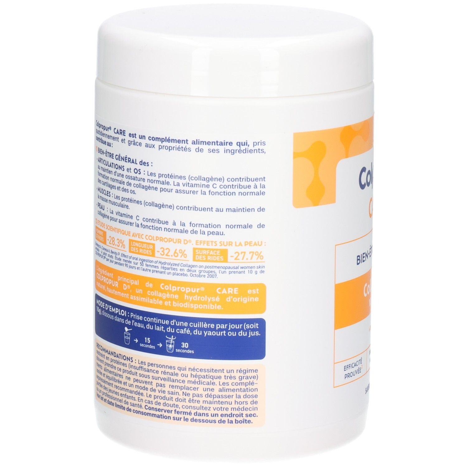 Arrière de la boîte de poudre de collagène Colpropur Care avec informations nutritionnelles et mode d'emploi.