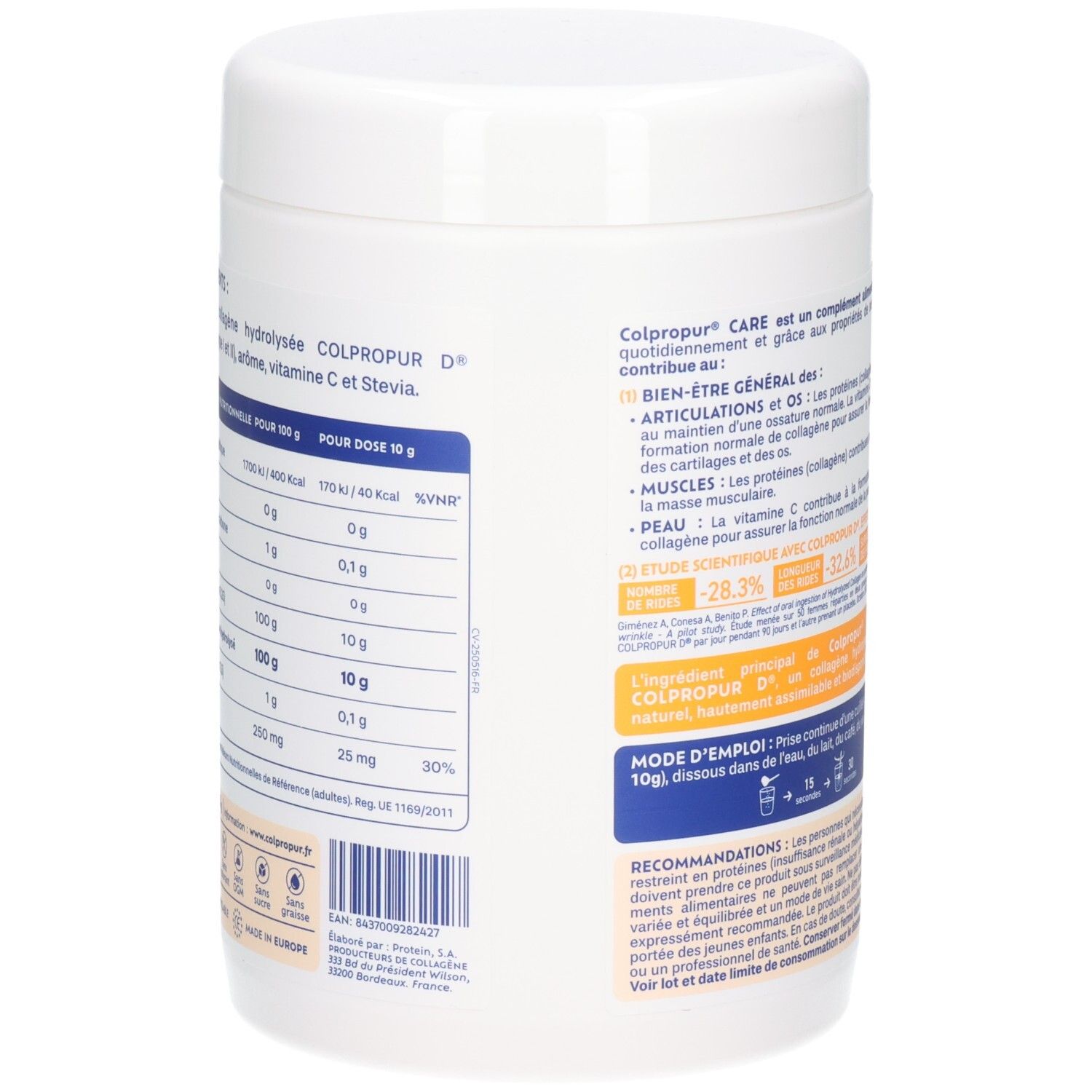 Vue latérale de la boîte de poudre de collagène Colpropur Care avec informations nutritionnelles et ingrédients.