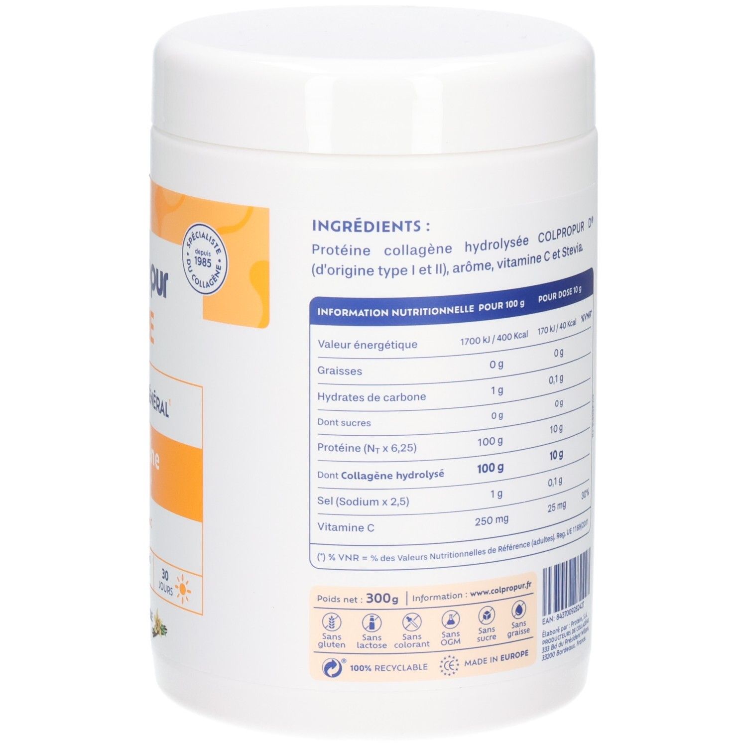 Arrière de la boîte de poudre de collagène Colpropur Care avec liste des ingrédients et tableau nutritionnel.