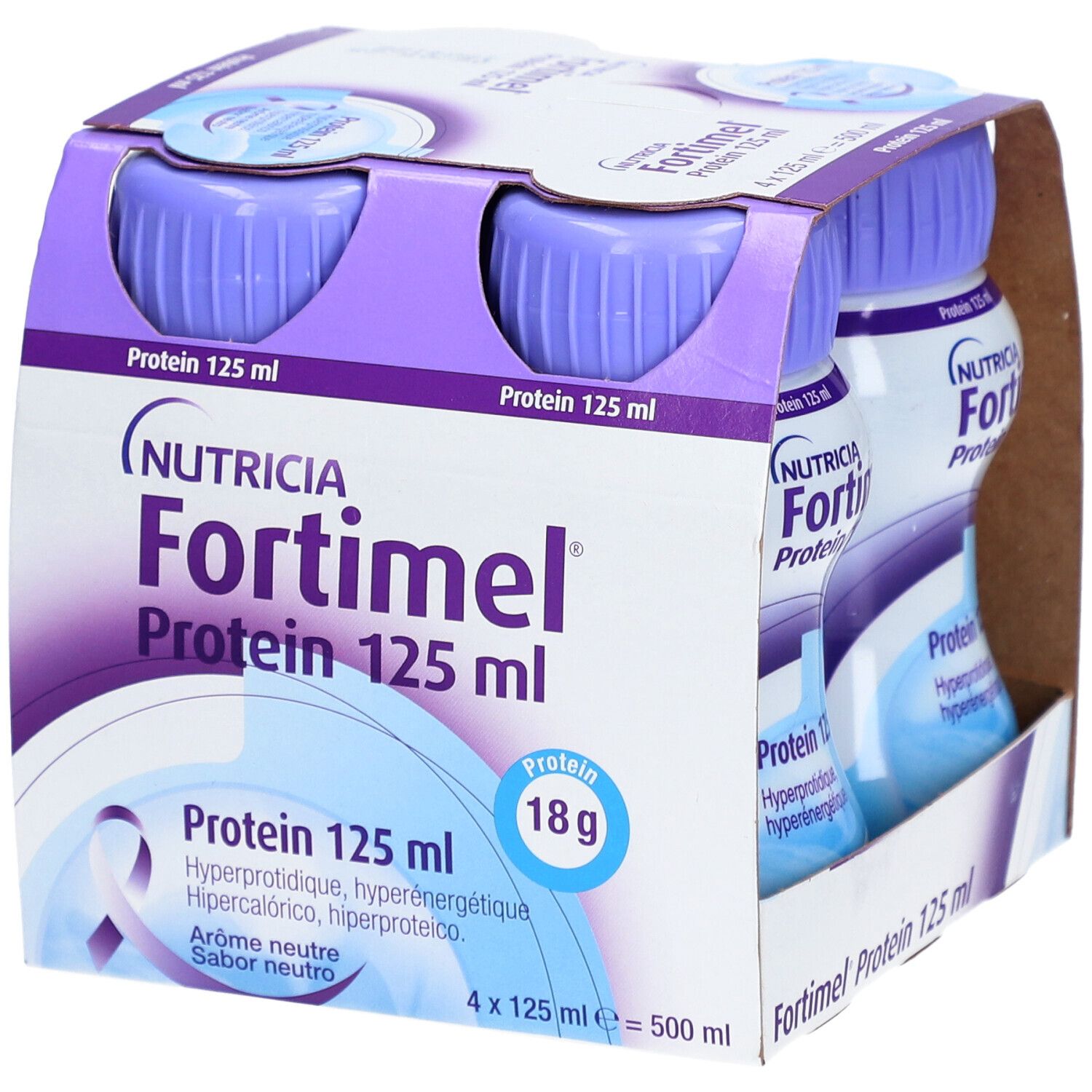 Boîte de 4 bouteilles. Inscription: Fortimel Protein 125 ml, 18g protéines. Goût neutre. Marque Nutricia.