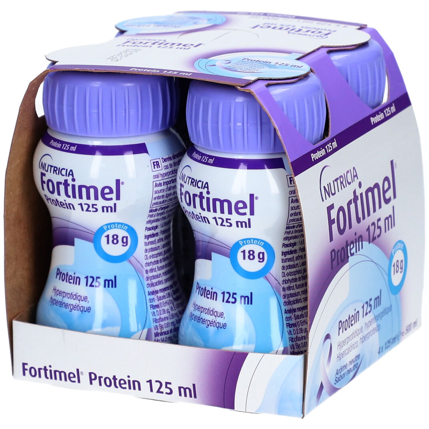 Boîte de 4 bouteilles. Inscription: Fortimel Protein 125 ml, 18g protéines. Goût neutre. Marque Nutricia.