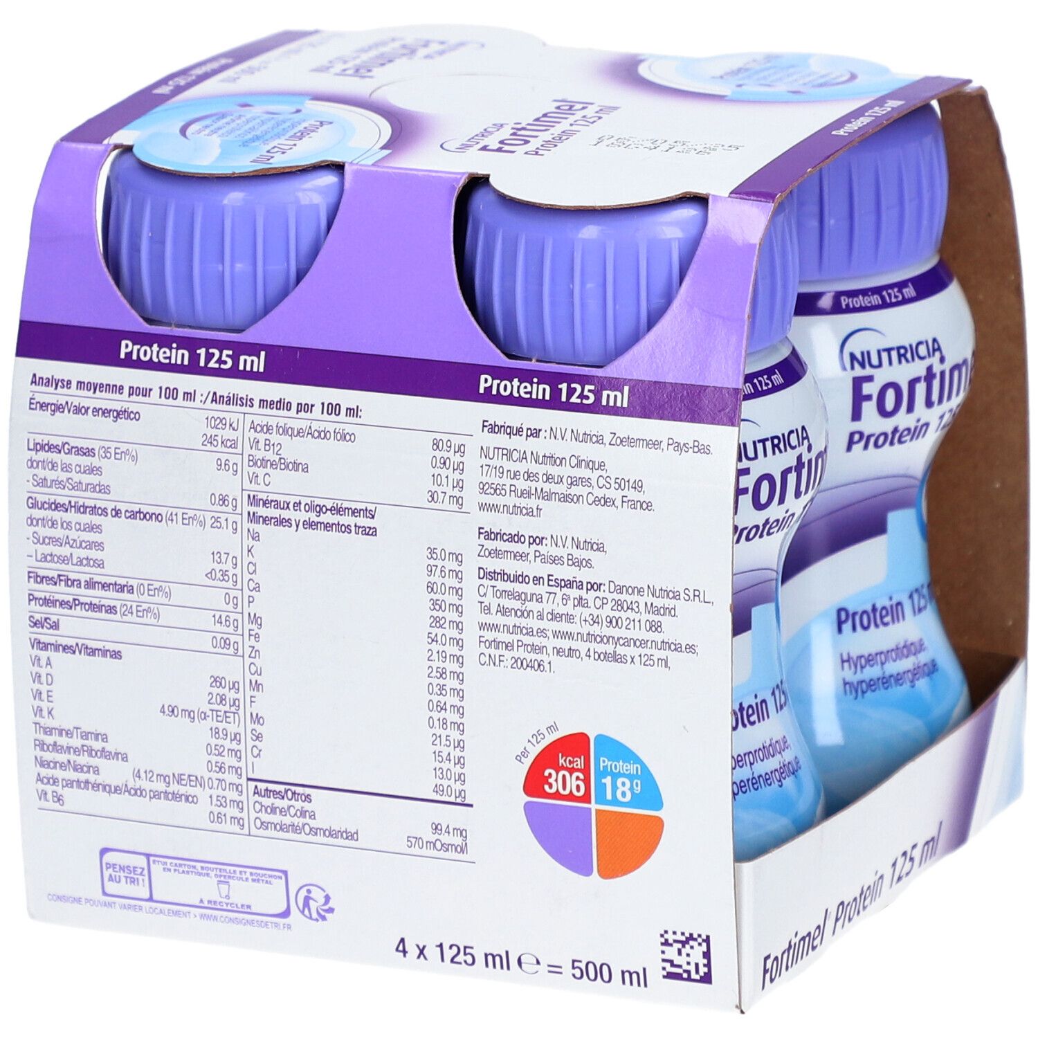 Boîte de 4 bouteilles. Inscription: Fortimel Protein 125 ml, 18g protéines. Goût neutre. Marque Nutricia.