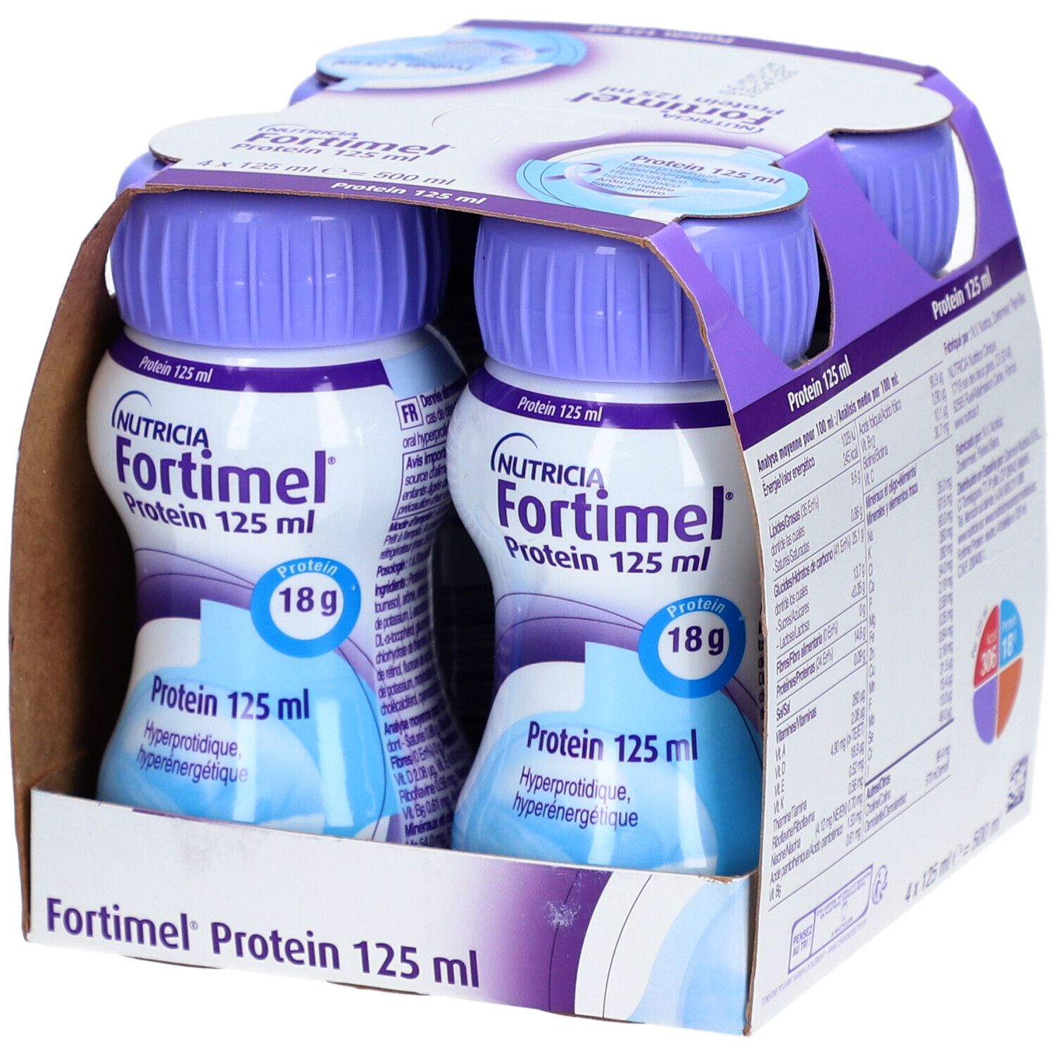 Boîte de 4 bouteilles. Inscription: Fortimel Protein 125 ml, 18g protéines. Goût neutre. Marque Nutricia.