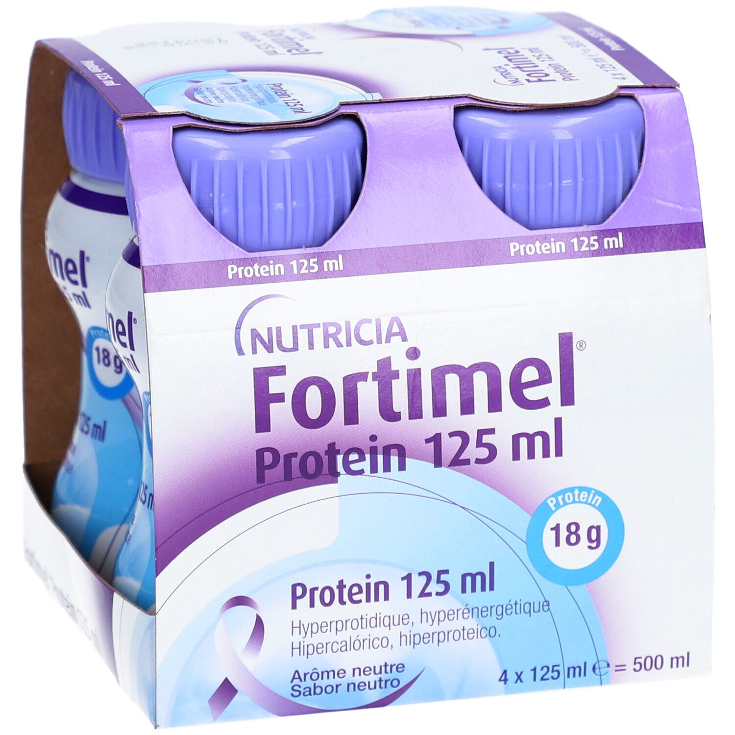 Boîte de 4 bouteilles. Inscription: Fortimel Protein 125 ml, 18g protéines. Goût neutre. Marque Nutricia.