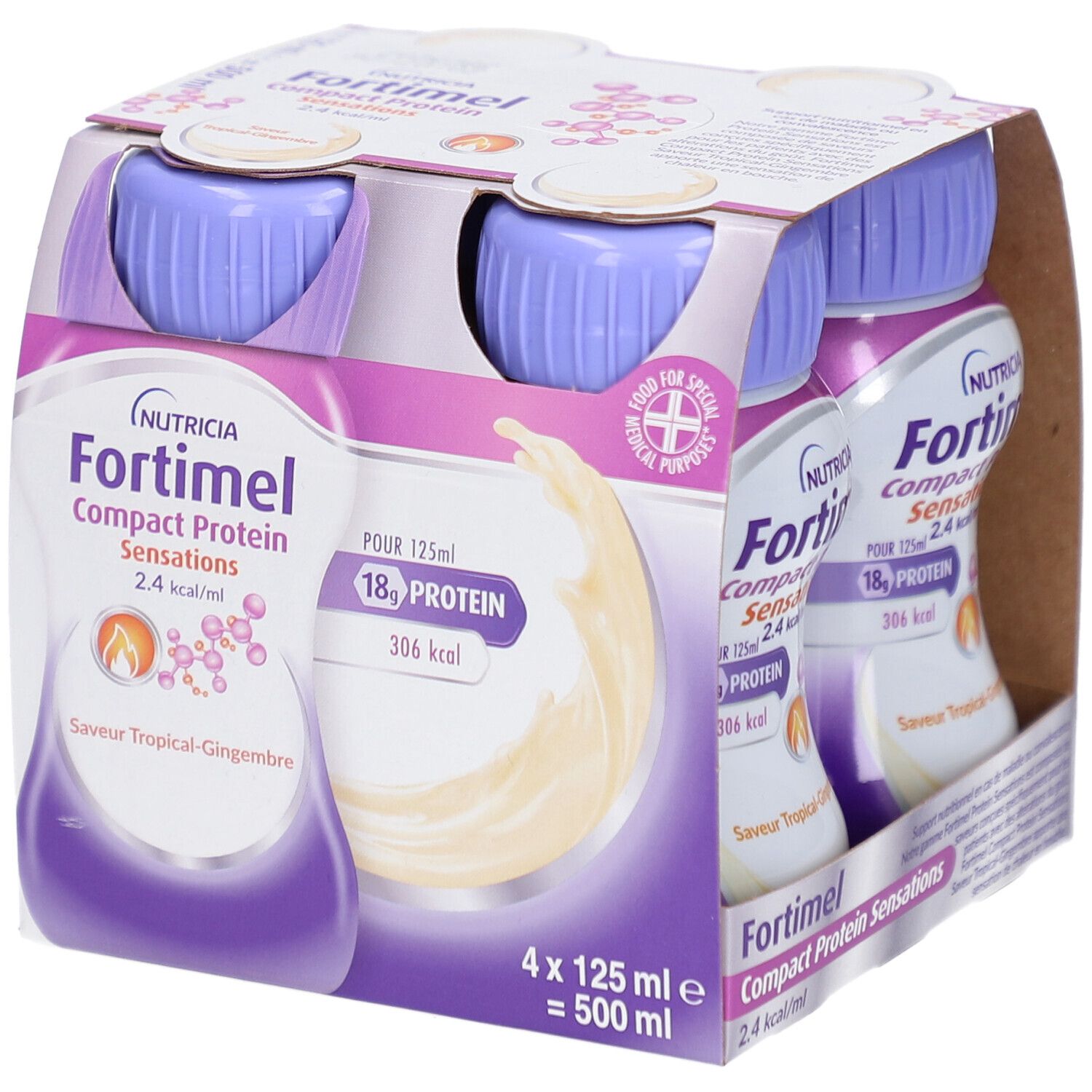 Emballage de quatre bouteilles. Inscription: NUTRICIA Fortimel Compact Protein Sensations 2.4 kcal/ml. 18g protéines, 306 kcal. Saveur: Tropical-Gingembre.