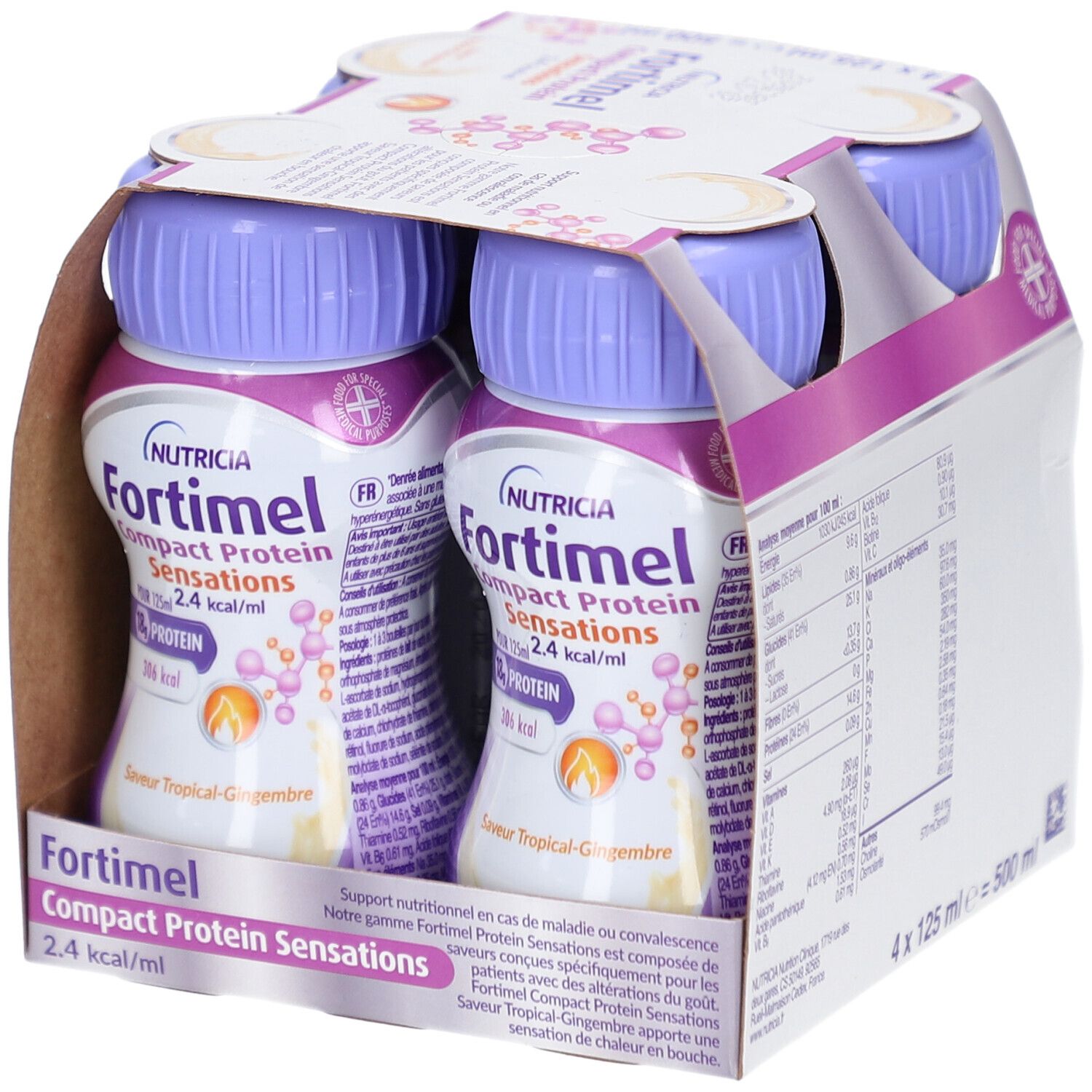 Emballage de quatre bouteilles. Inscription: NUTRICIA Fortimel Compact Protein Sensations 2.4 kcal/ml. 18g protéines, 306 kcal. Saveur: Tropical-Gingembre.