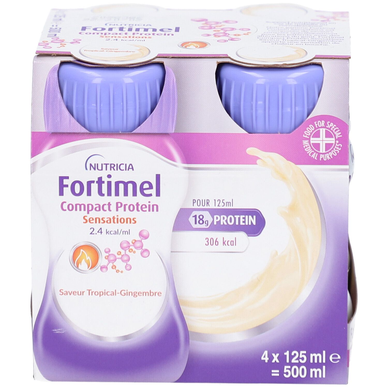 Emballage de quatre bouteilles. Inscription: NUTRICIA Fortimel Compact Protein Sensations 2.4 kcal/ml. 18g protéines, 306 kcal. Saveur: Tropical-Gingembre.