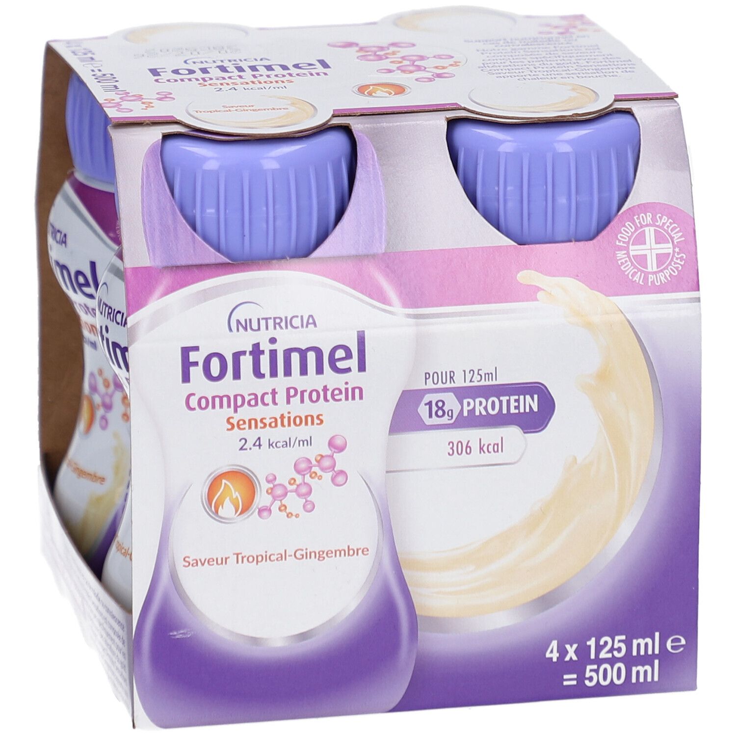 Emballage de quatre bouteilles. Inscription: NUTRICIA Fortimel Compact Protein Sensations 2.4 kcal/ml. 18g protéines, 306 kcal. Saveur: Tropical-Gingembre.