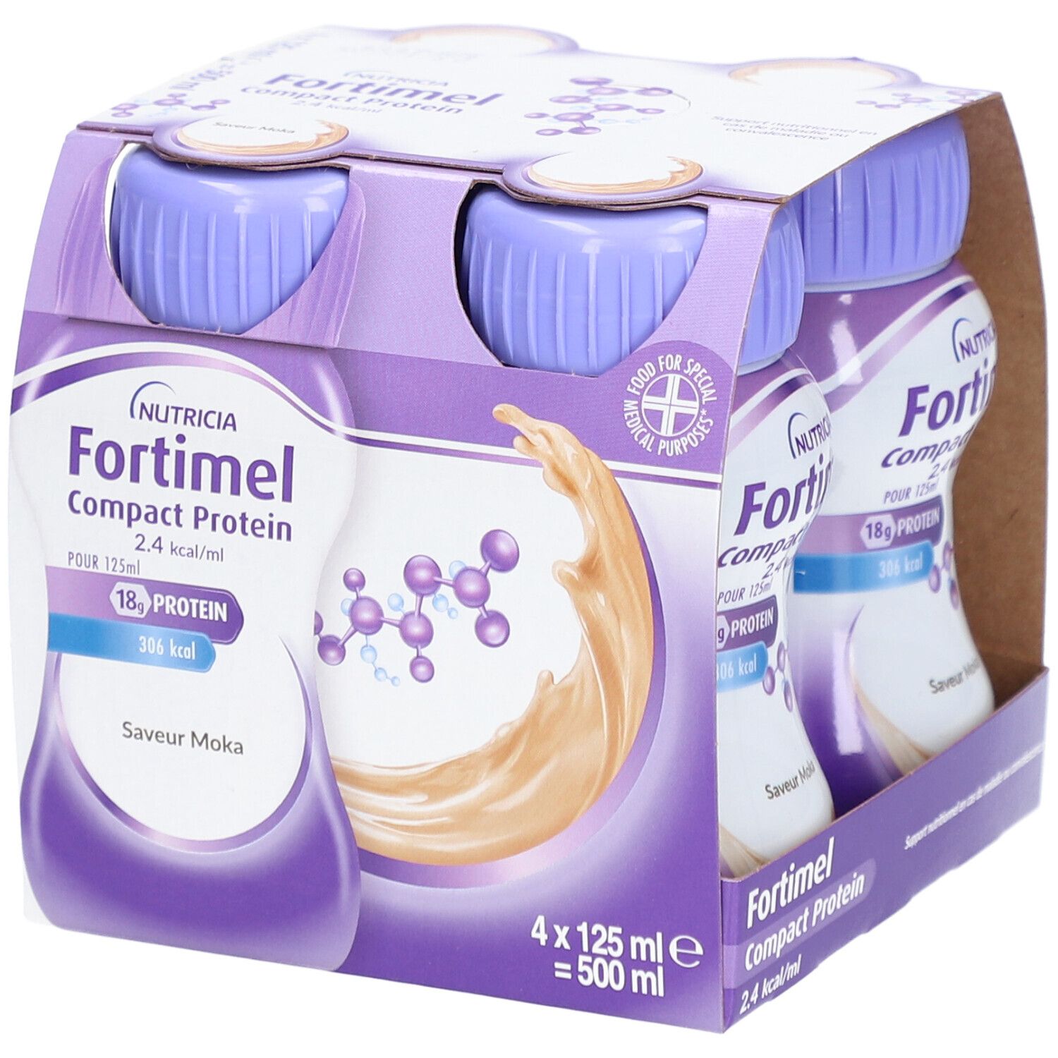 Emballage de 4 bouteilles Fortimel Compact Protein, 125 ml, saveur moka. Inscription : Nutricia, 18g protéines, 2,4 kcal/ml.