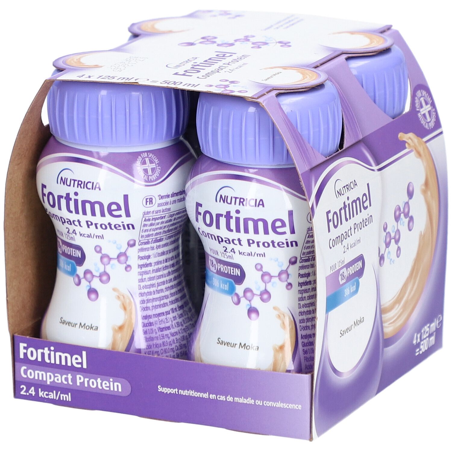 Emballage de 4 bouteilles Fortimel Compact Protein, 125 ml, saveur moka. Inscription : Nutricia, 18g protéines, 2,4 kcal/ml.