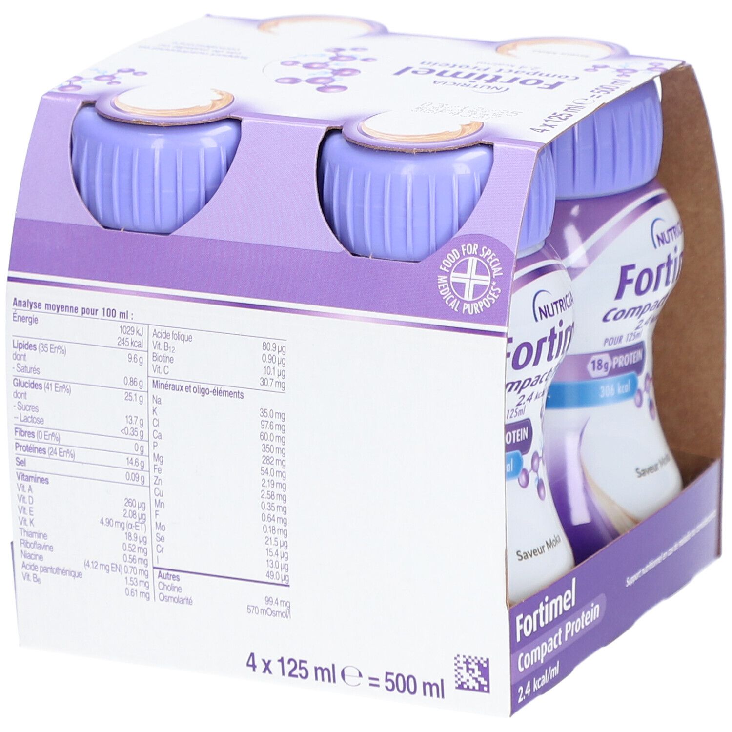 Dos de l'emballage de 4 bouteilles Fortimel Compact Protein. Contient des informations nutritionnelles pour 100 ml.