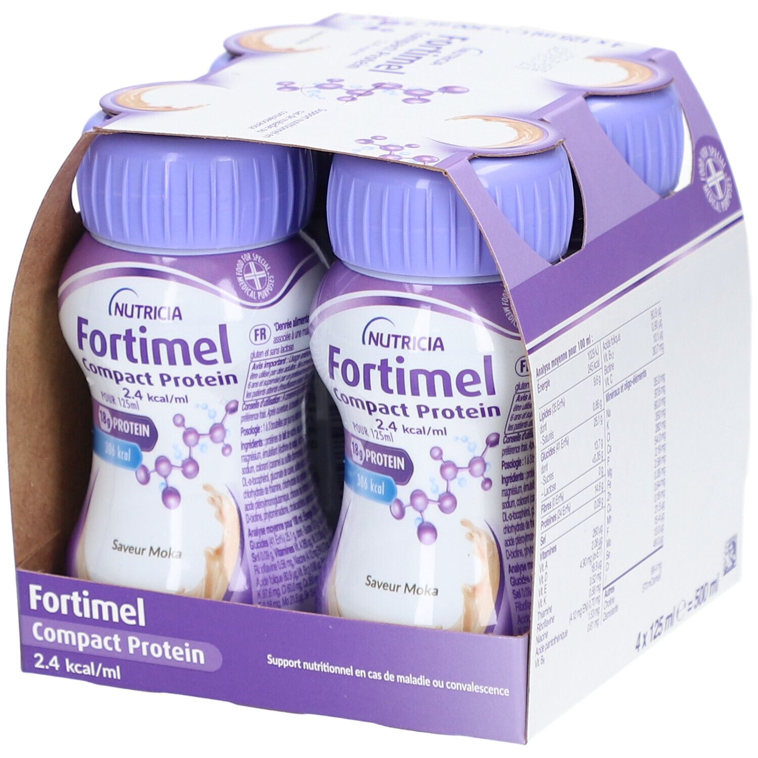 Emballage de 4 bouteilles Fortimel Compact Protein, 125 ml, saveur moka. Inscription : Nutricia, 18g protéines, 2,4 kcal/ml.