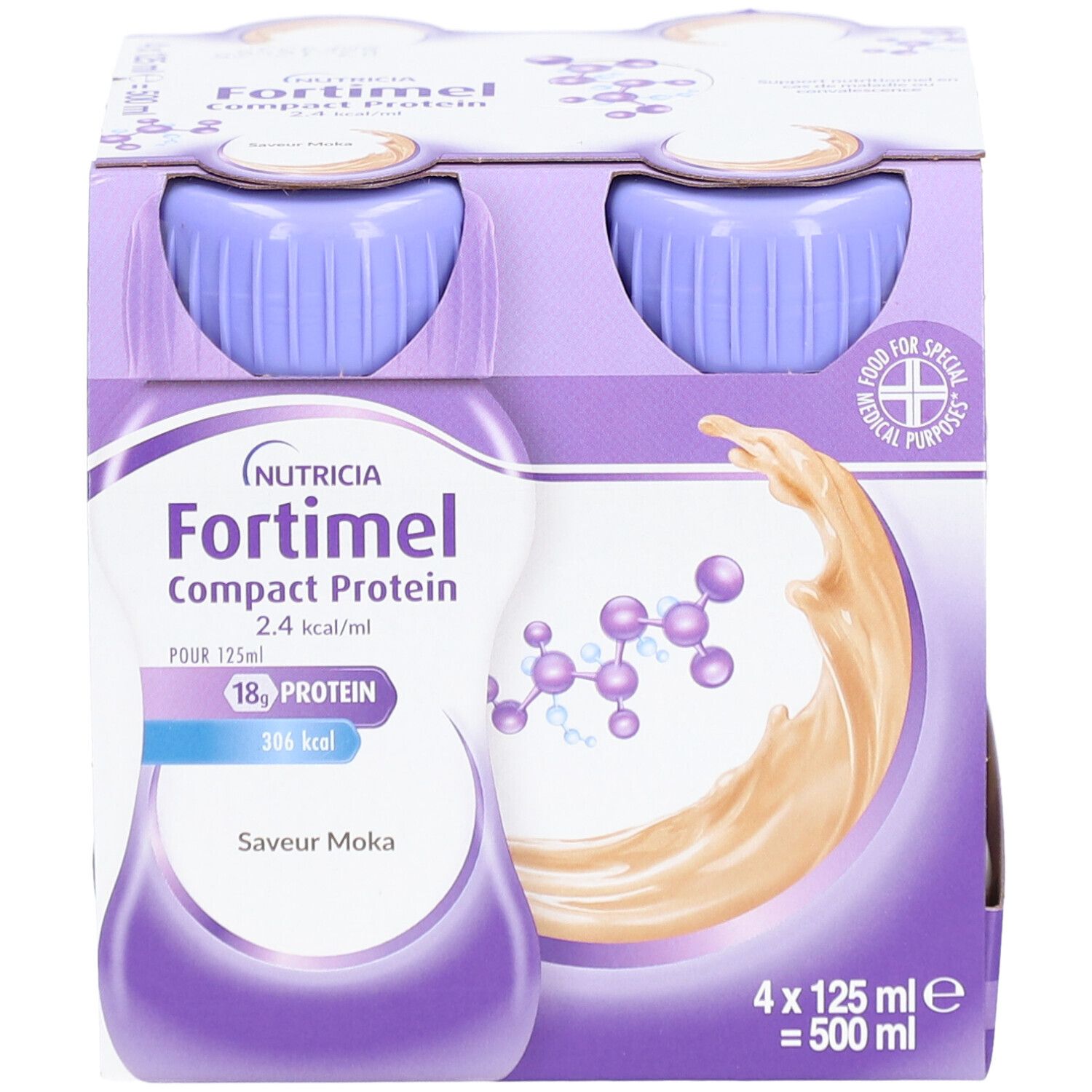 Emballage de 4 bouteilles Fortimel Compact Protein, 125 ml, saveur moka. Inscription : Nutricia, 18g protéines, 2,4 kcal/ml.
