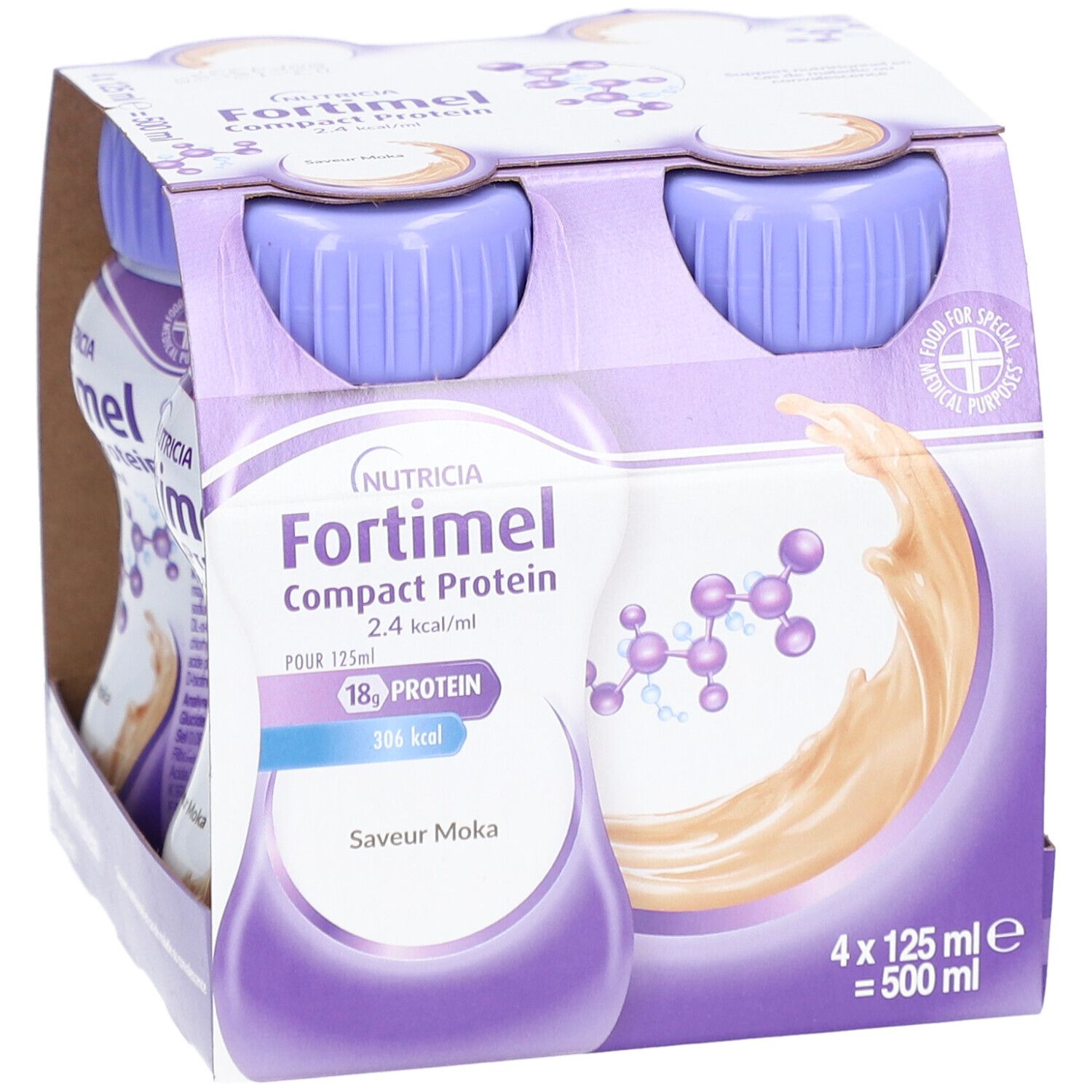 Emballage de 4 bouteilles Fortimel Compact Protein, 125 ml, saveur moka. Inscription : Nutricia, 18g protéines, 2,4 kcal/ml.