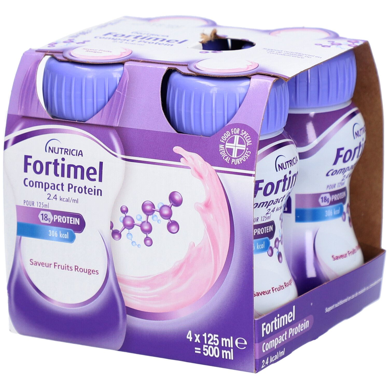 Emballage de 4 bouteilles. Inscription: Nutricia Fortimel Compact Protein 2.4 kcal/ml. Saveur fruits rouges. 18g de protéines.