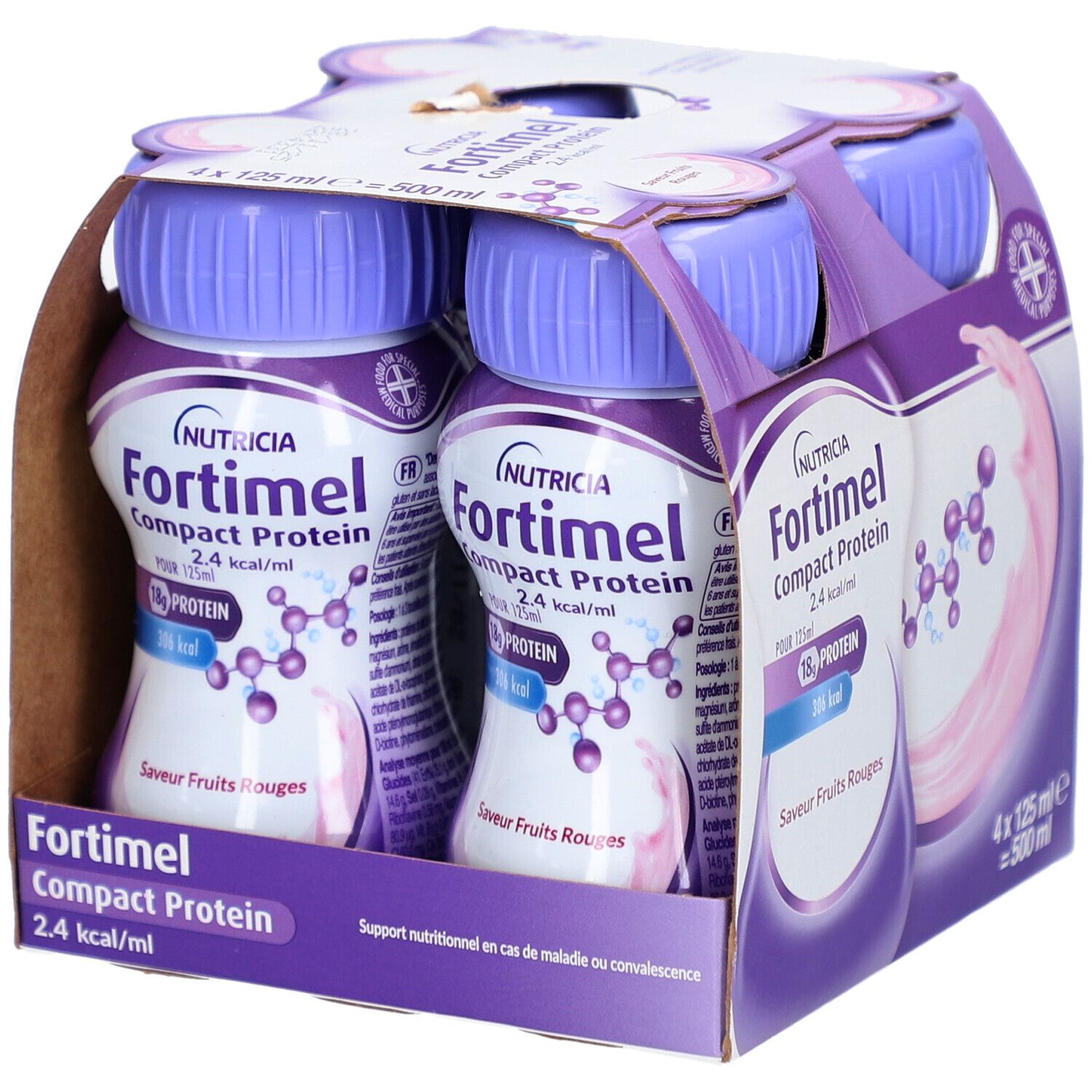 Emballage de 4 bouteilles. Inscription: Nutricia Fortimel Compact Protein 2.4 kcal/ml. Saveur fruits rouges. 18g de protéines.