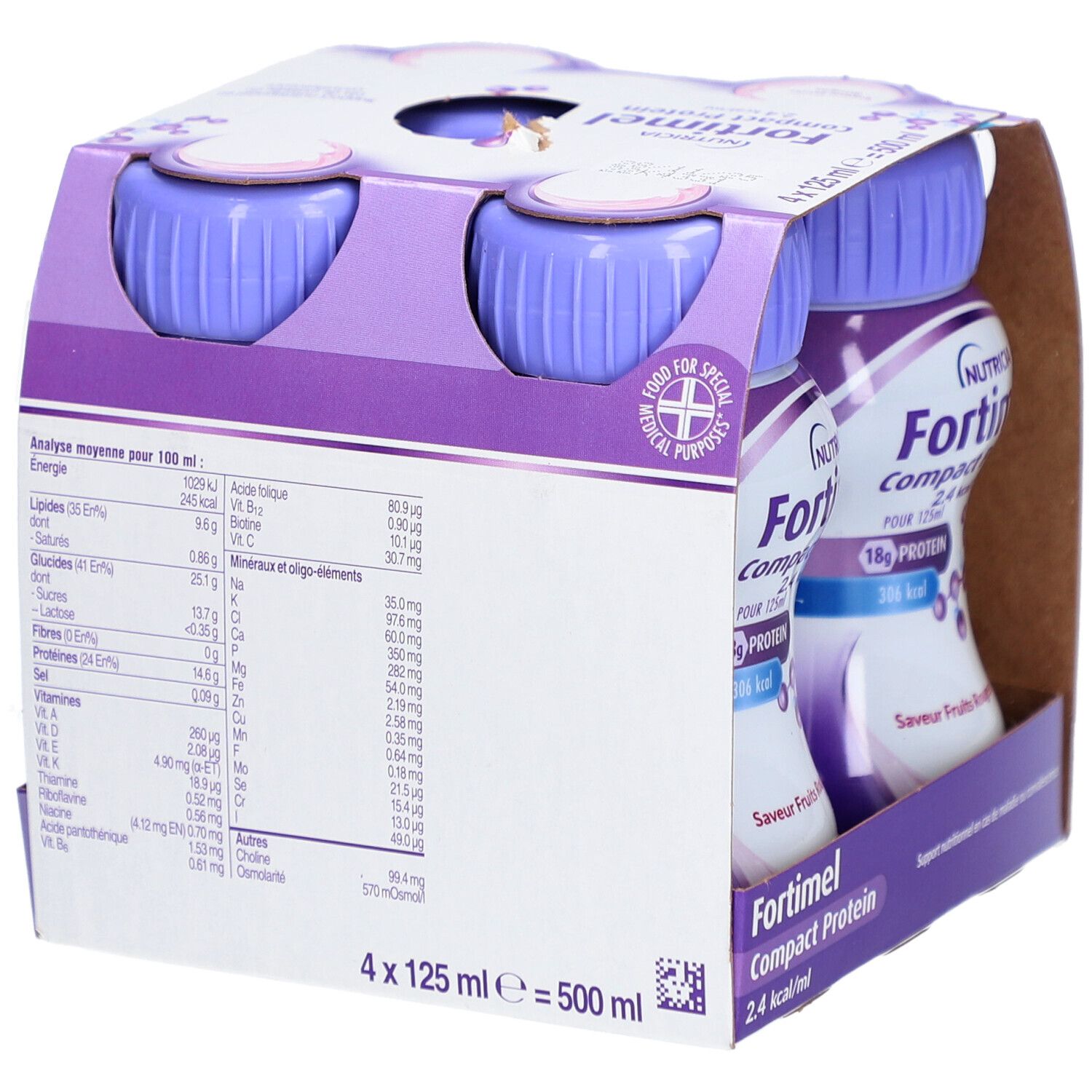Emballage de 4 bouteilles. Inscription: Nutricia Fortimel Compact Protein 2.4 kcal/ml. Saveur fruits rouges. 18g de protéines. Dos avec informations nutritionnelles.