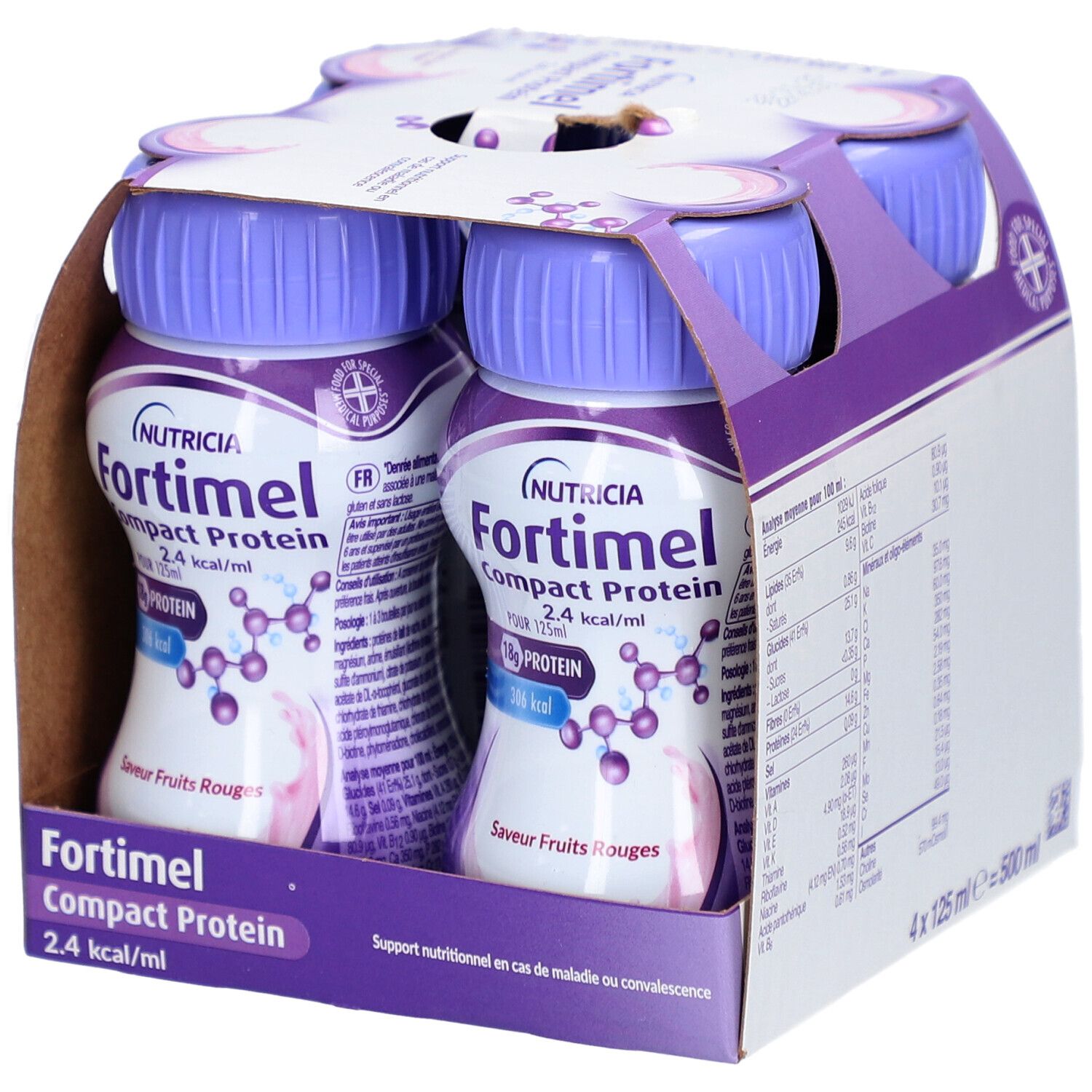 Emballage de 4 bouteilles. Inscription: Nutricia Fortimel Compact Protein 2.4 kcal/ml. Saveur fruits rouges. 18g de protéines.