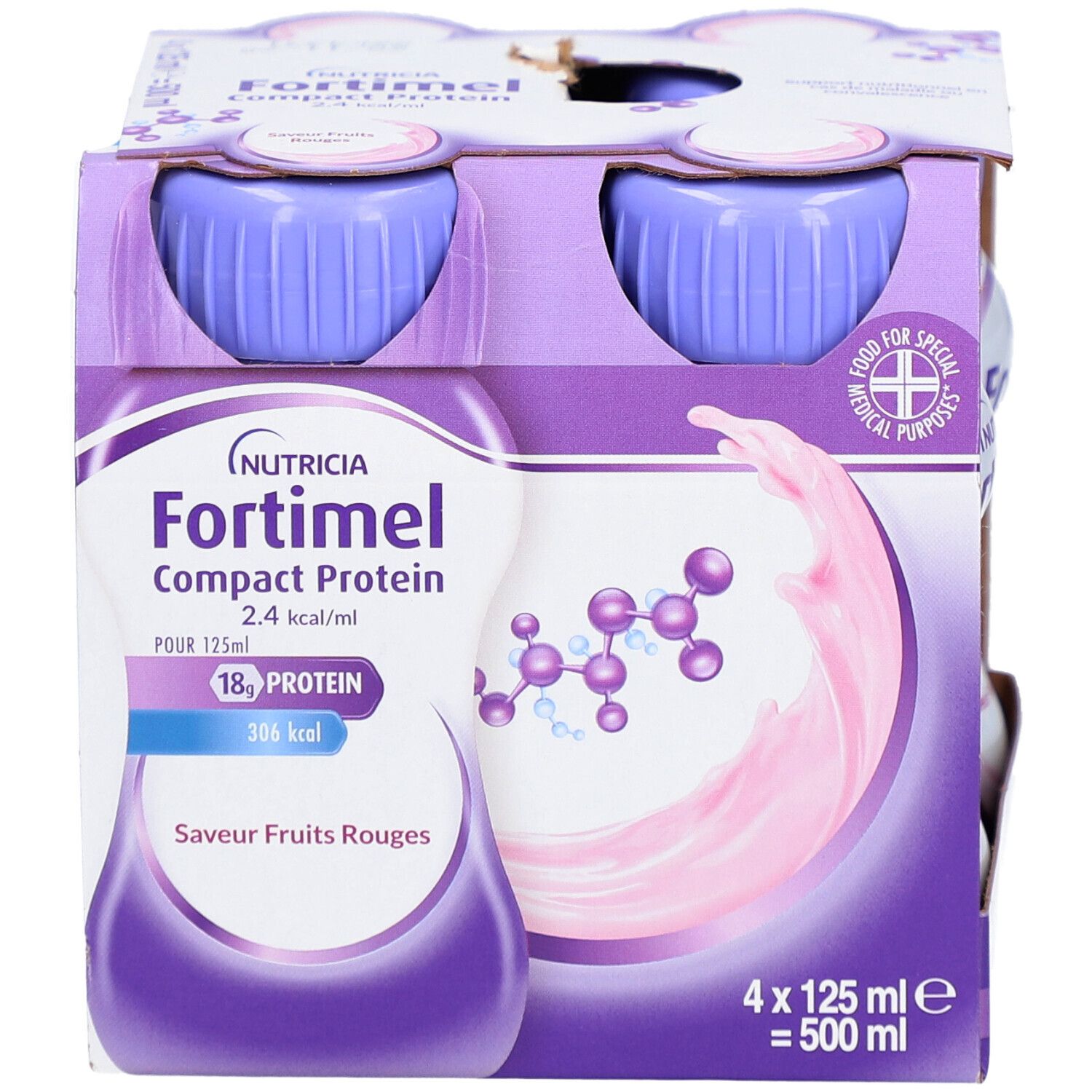 Emballage de 4 bouteilles. Inscription: Nutricia Fortimel Compact Protein 2.4 kcal/ml. Saveur fruits rouges. 18g de protéines.