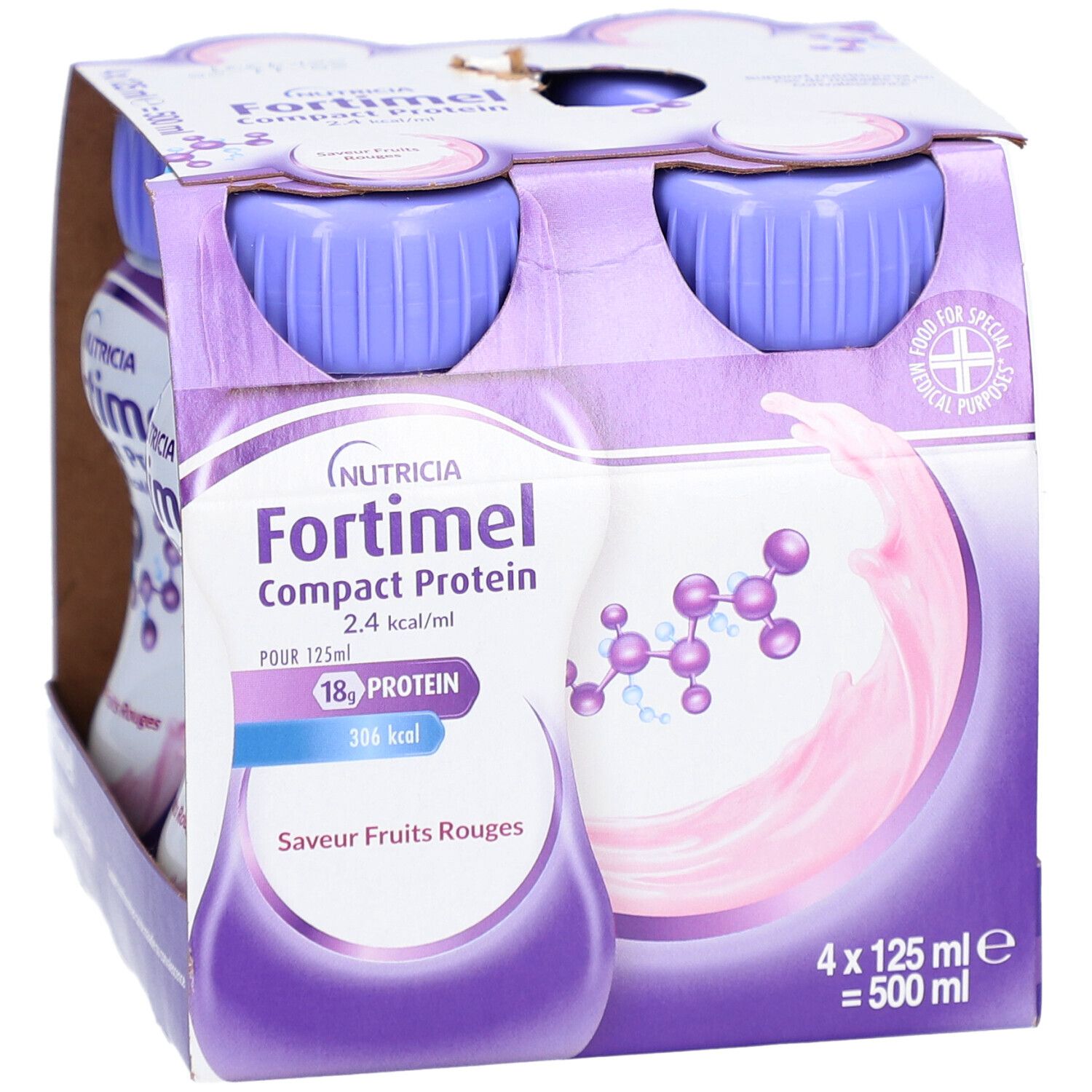 Emballage de 4 bouteilles. Inscription: Nutricia Fortimel Compact Protein 2.4 kcal/ml. Saveur fruits rouges. 18g de protéines.