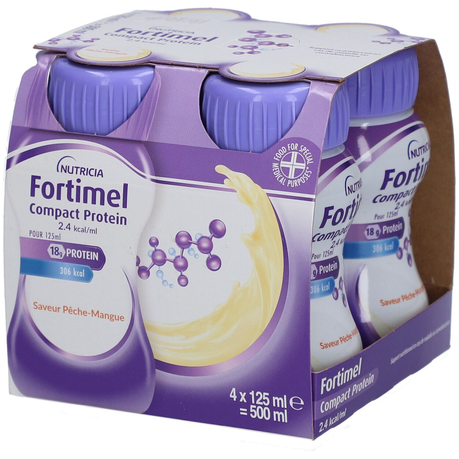 Emballage de quatre bouteilles Fortimel Compact Protein 2,4 kcal/ml. Bouchons violets, étiquette blanche, liquide jaune.