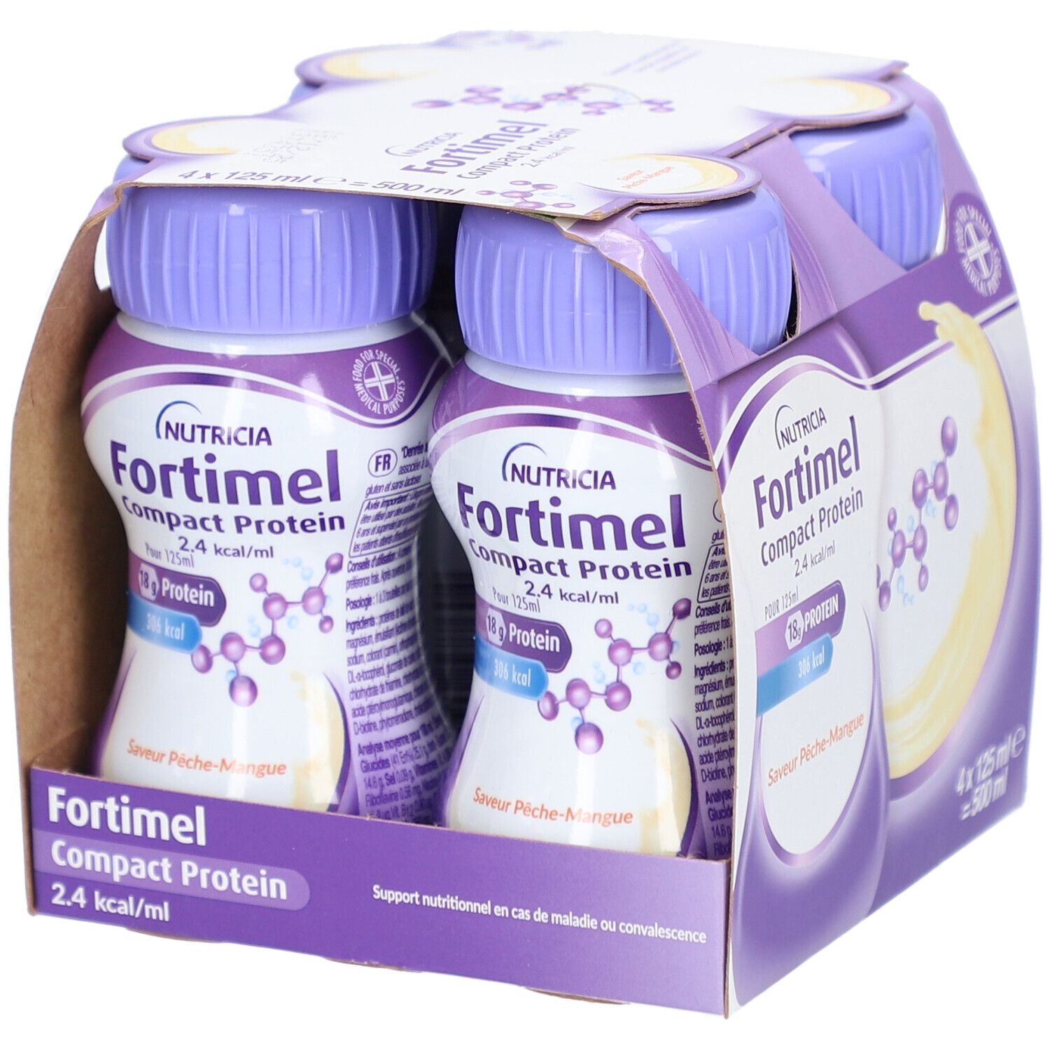 Emballage de quatre bouteilles Fortimel Compact Protein 2,4 kcal/ml. Bouchons violets, étiquette blanche, liquide jaune.