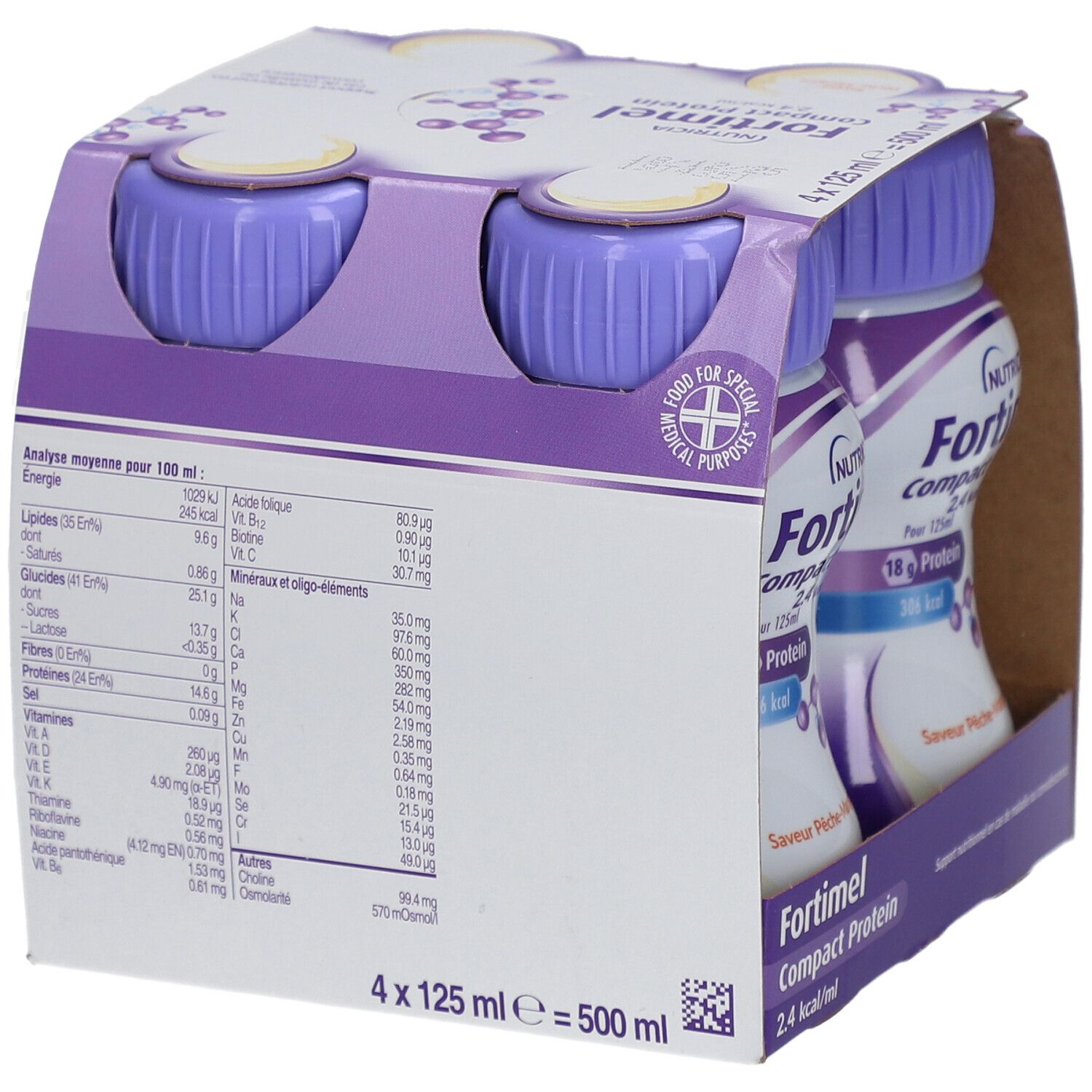 Emballage de quatre bouteilles Fortimel Compact Protein 2,4 kcal/ml. Dos avec informations nutritionnelles.